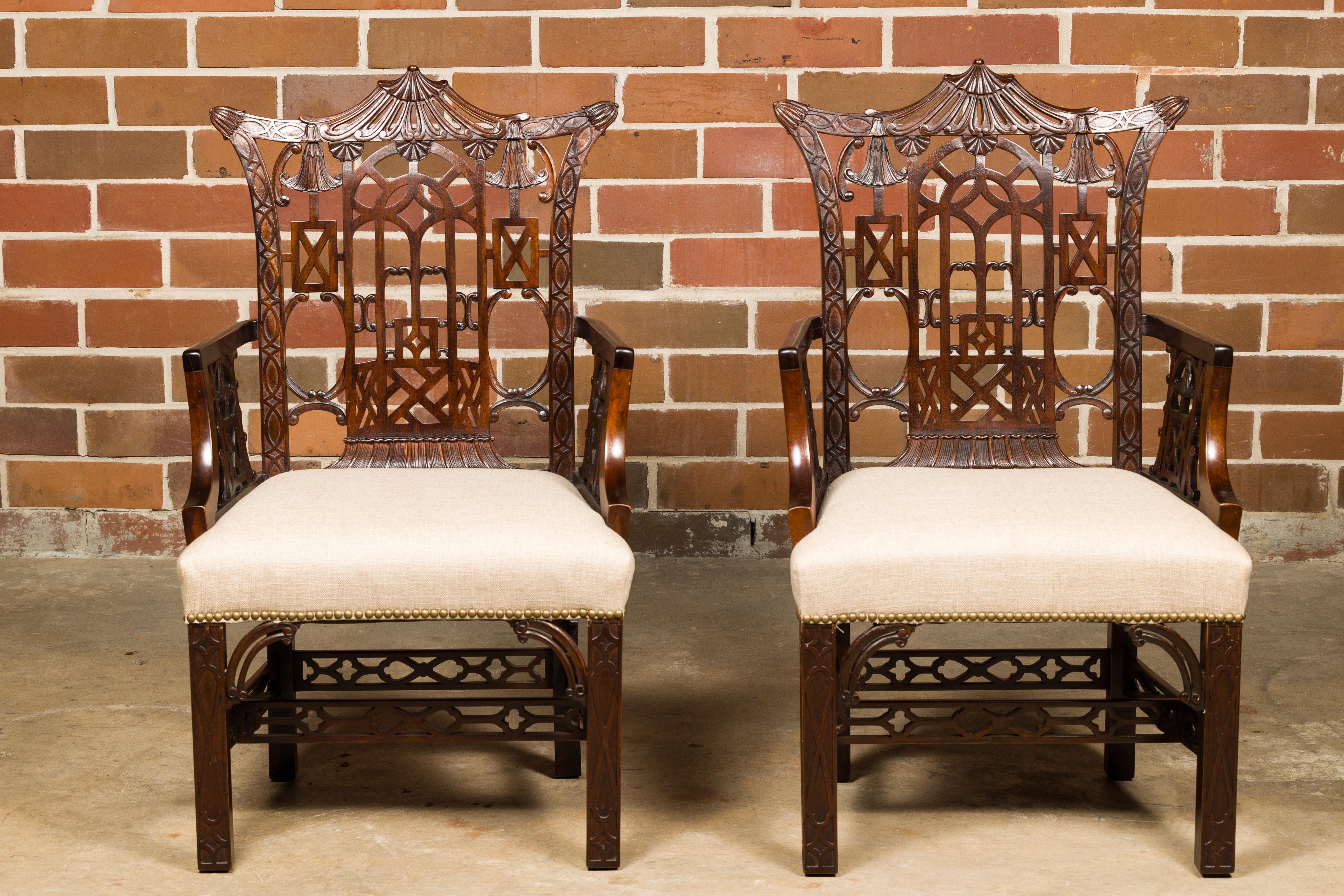 Pair of English 19th Century Chippendale Armchairs with Upholstered Seats For Sale 2