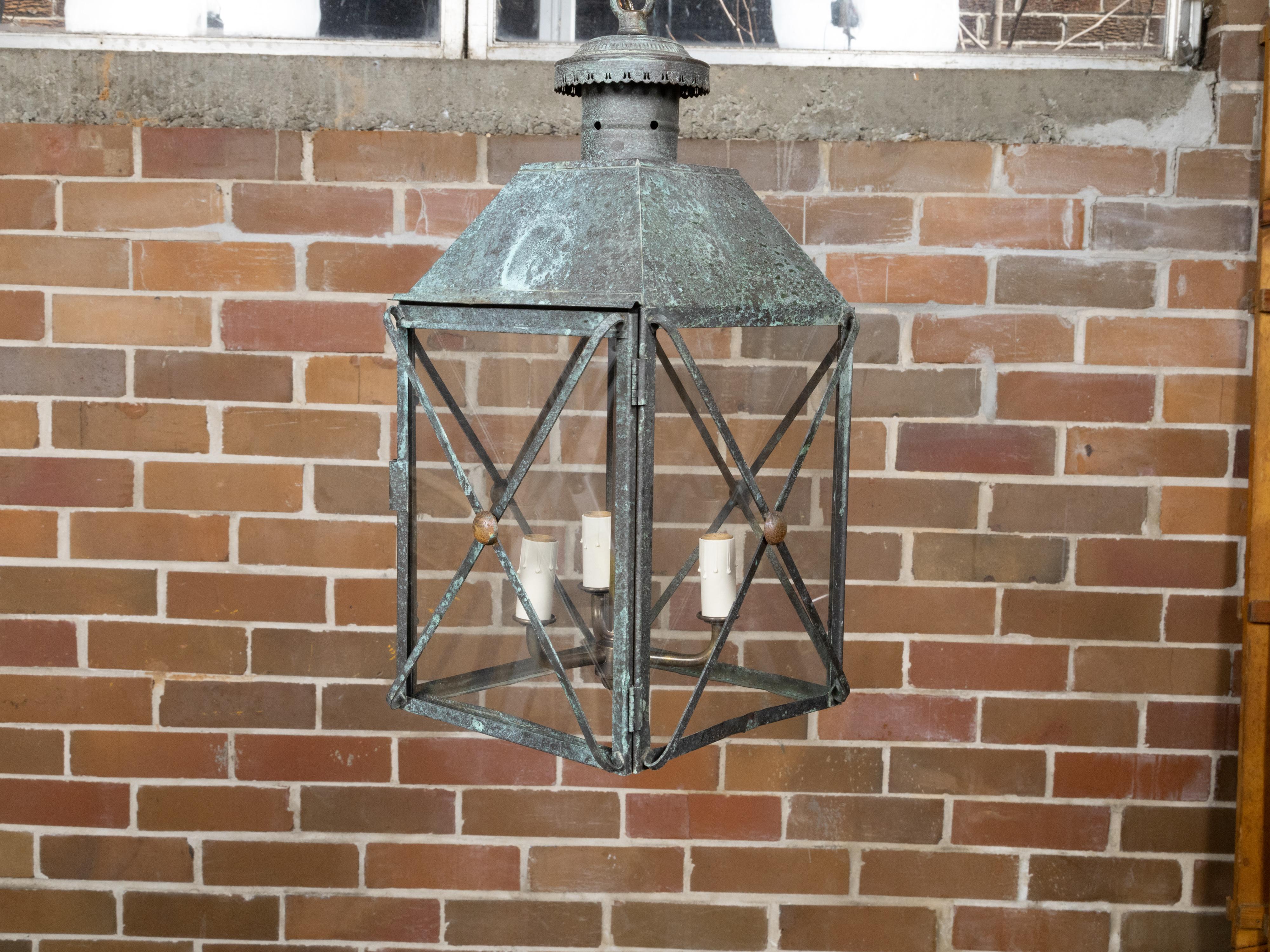 Pair of English 19th Century Copper Three-Light Lanterns with Verdigris Patina For Sale 7