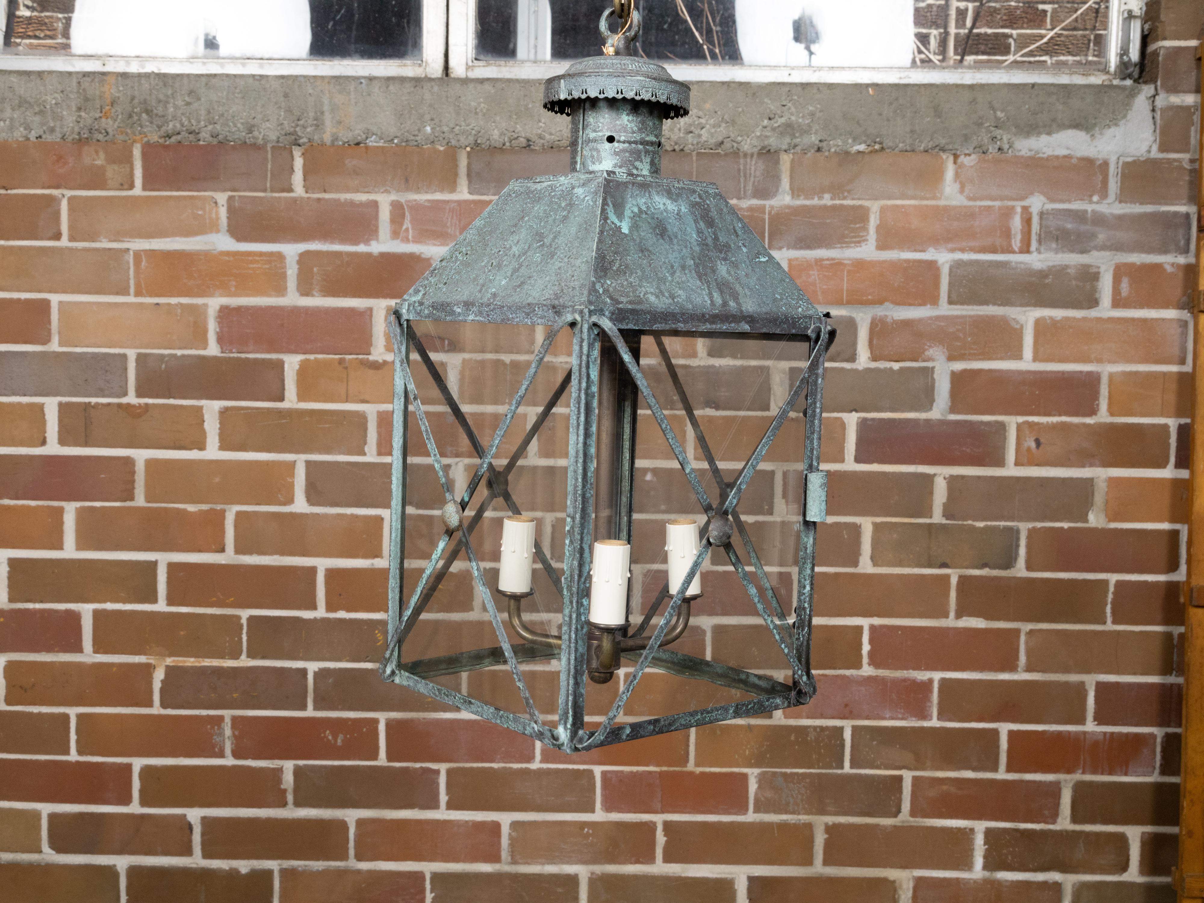 Pair of English 19th Century Copper Three-Light Lanterns with Verdigris Patina For Sale 8