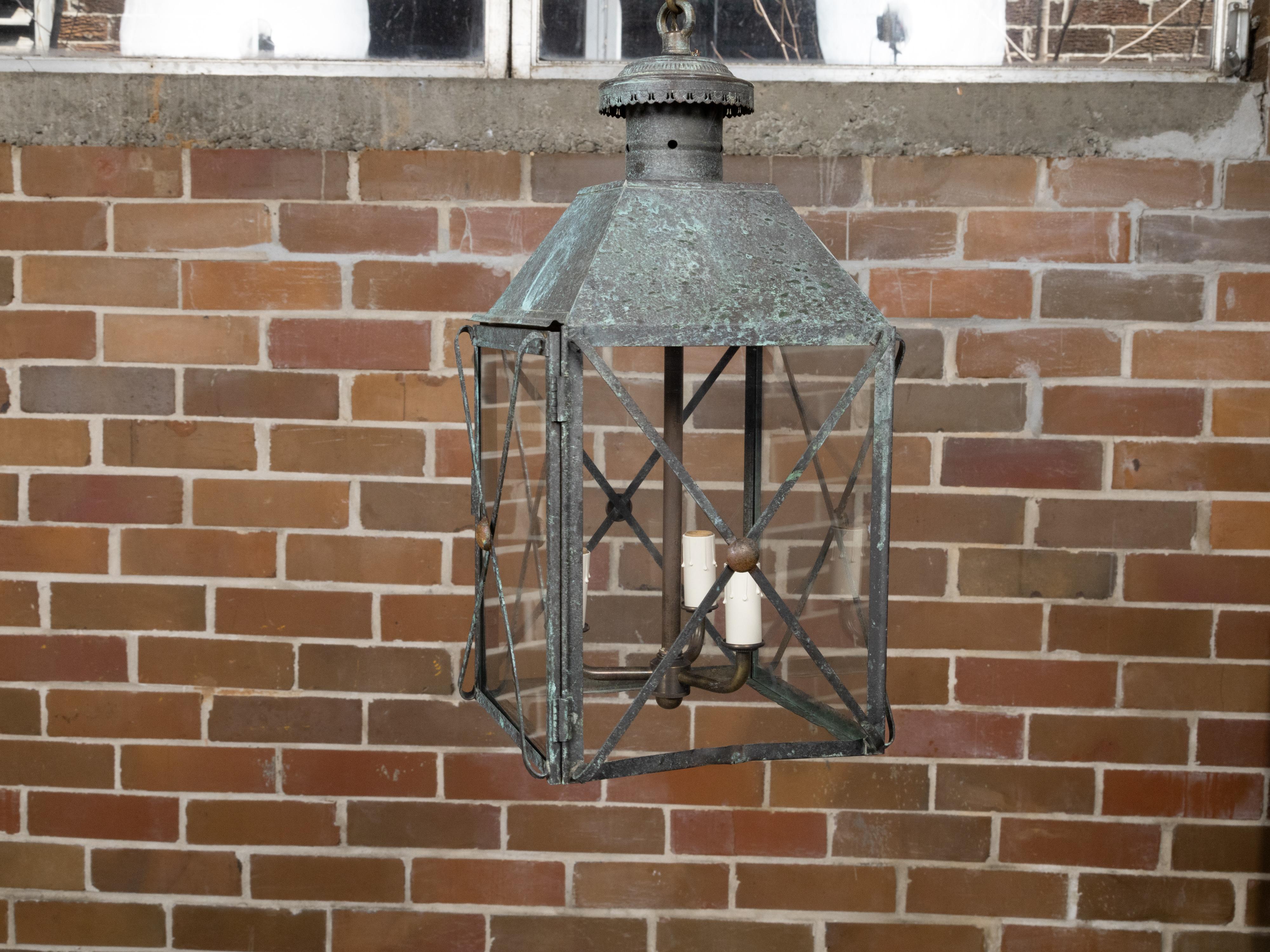 Pair of English 19th Century Copper Three-Light Lanterns with Verdigris Patina For Sale 9
