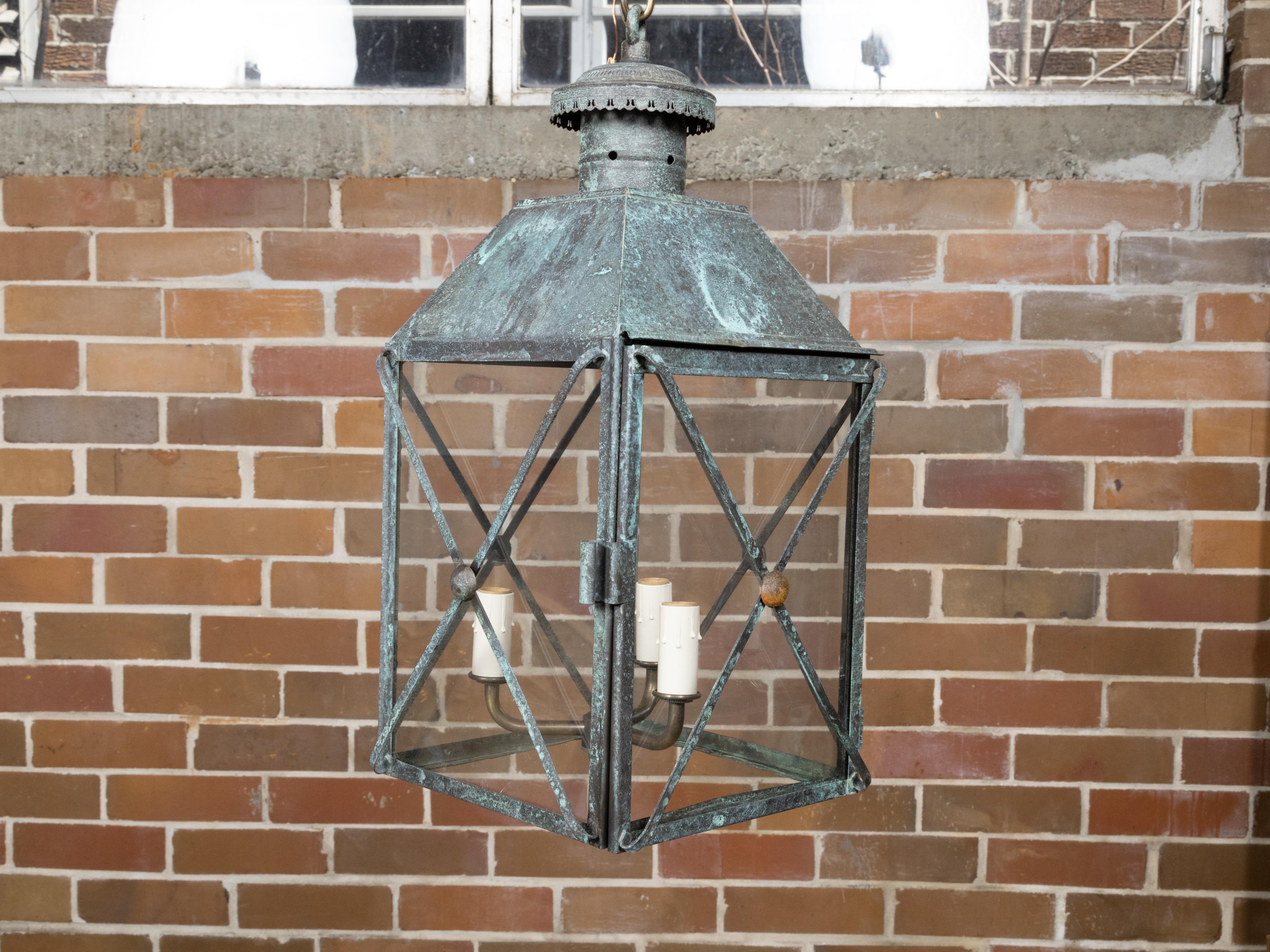 Pair of English 19th Century Copper Three-Light Lanterns with Verdigris Patina For Sale 10