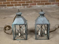 Pair of English 19th Century Copper Three-Light Lanterns with Verdigris Patina