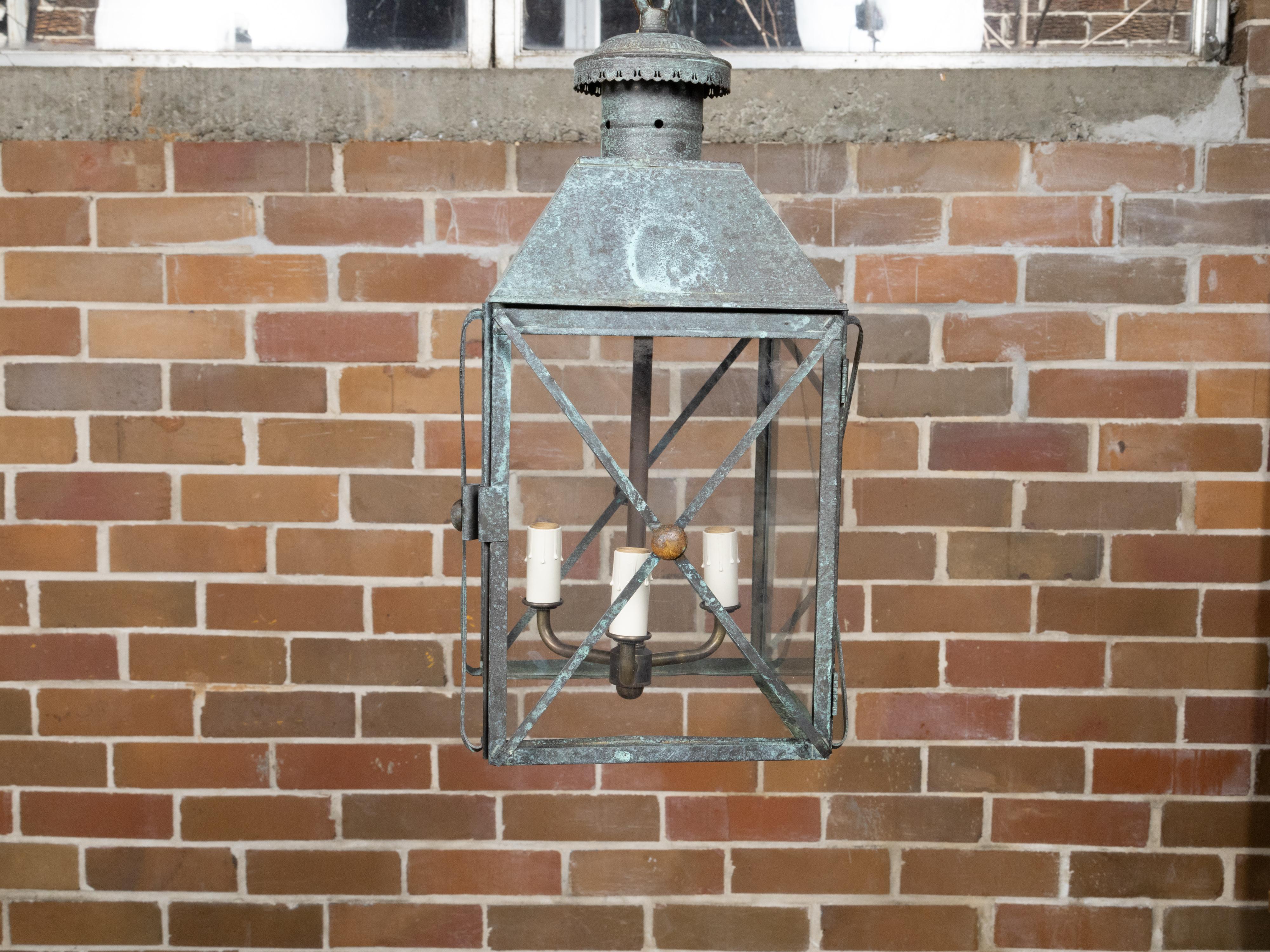 Pair of English 19th Century Copper Three-Light Lanterns with Verdigris Patina For Sale 5