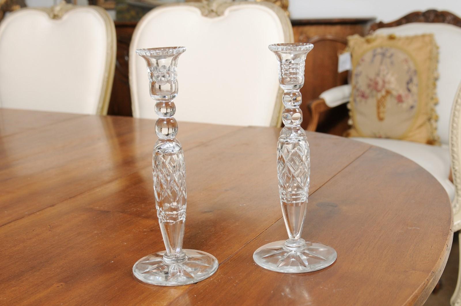 Pair of English 19th Century Crystal Candlesticks with Cut Diamond Motifs 2