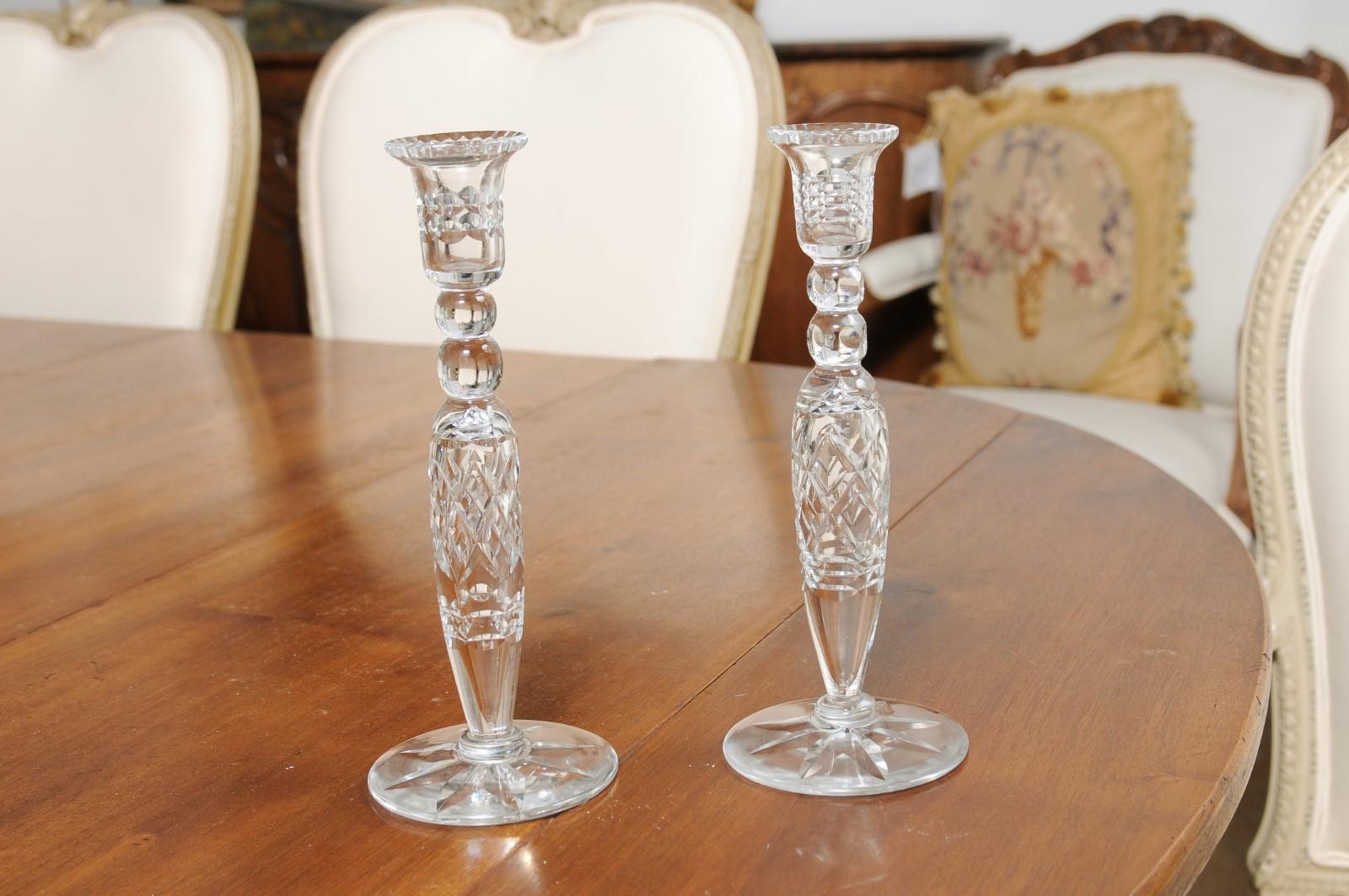 Pair of English 19th Century Crystal Candlesticks with Cut Diamond Motifs 3