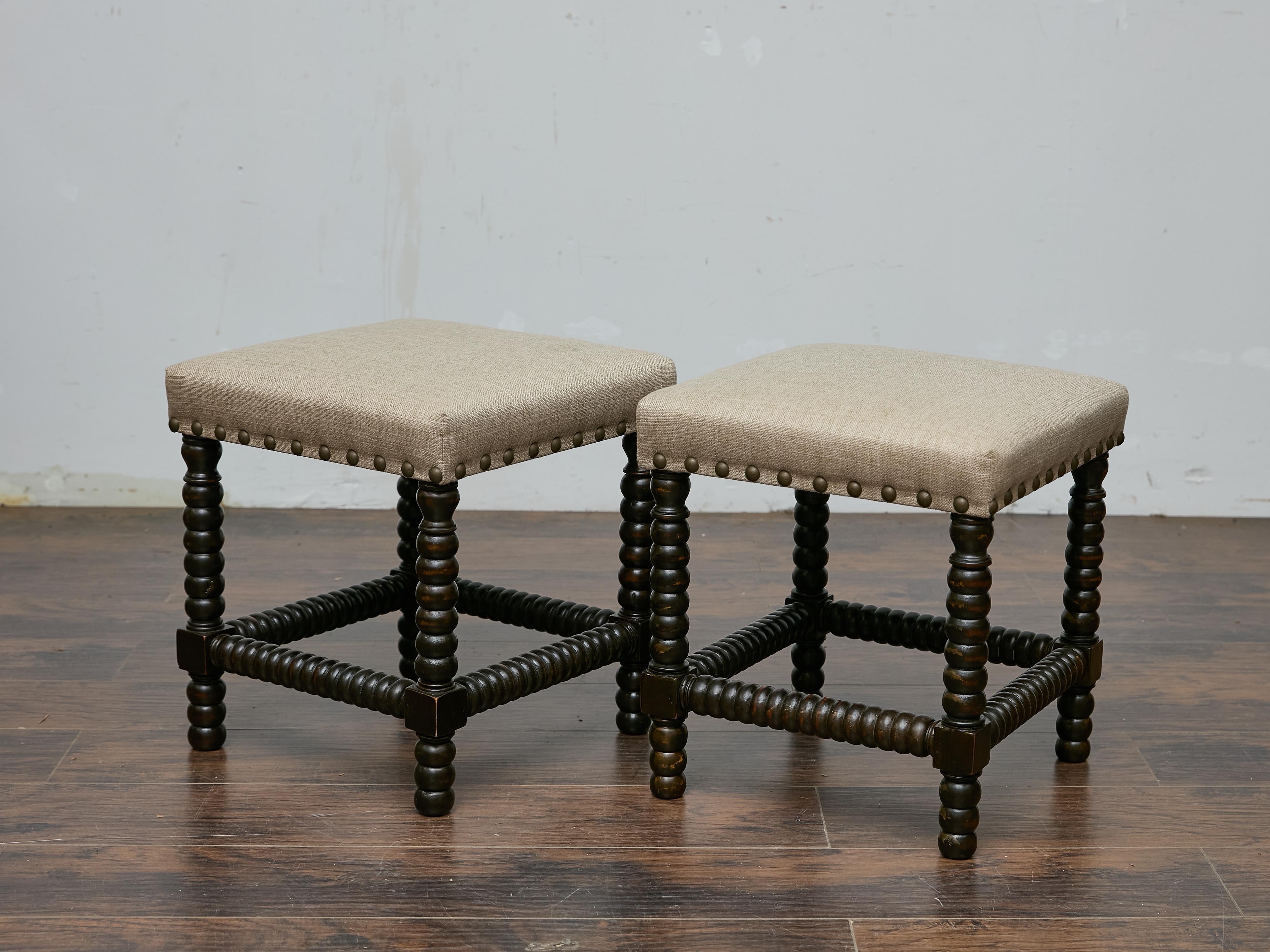 Pair of English 19th Century Ebonized Bobbin Stools with Custom Linen Upholstery In Good Condition For Sale In Atlanta, GA