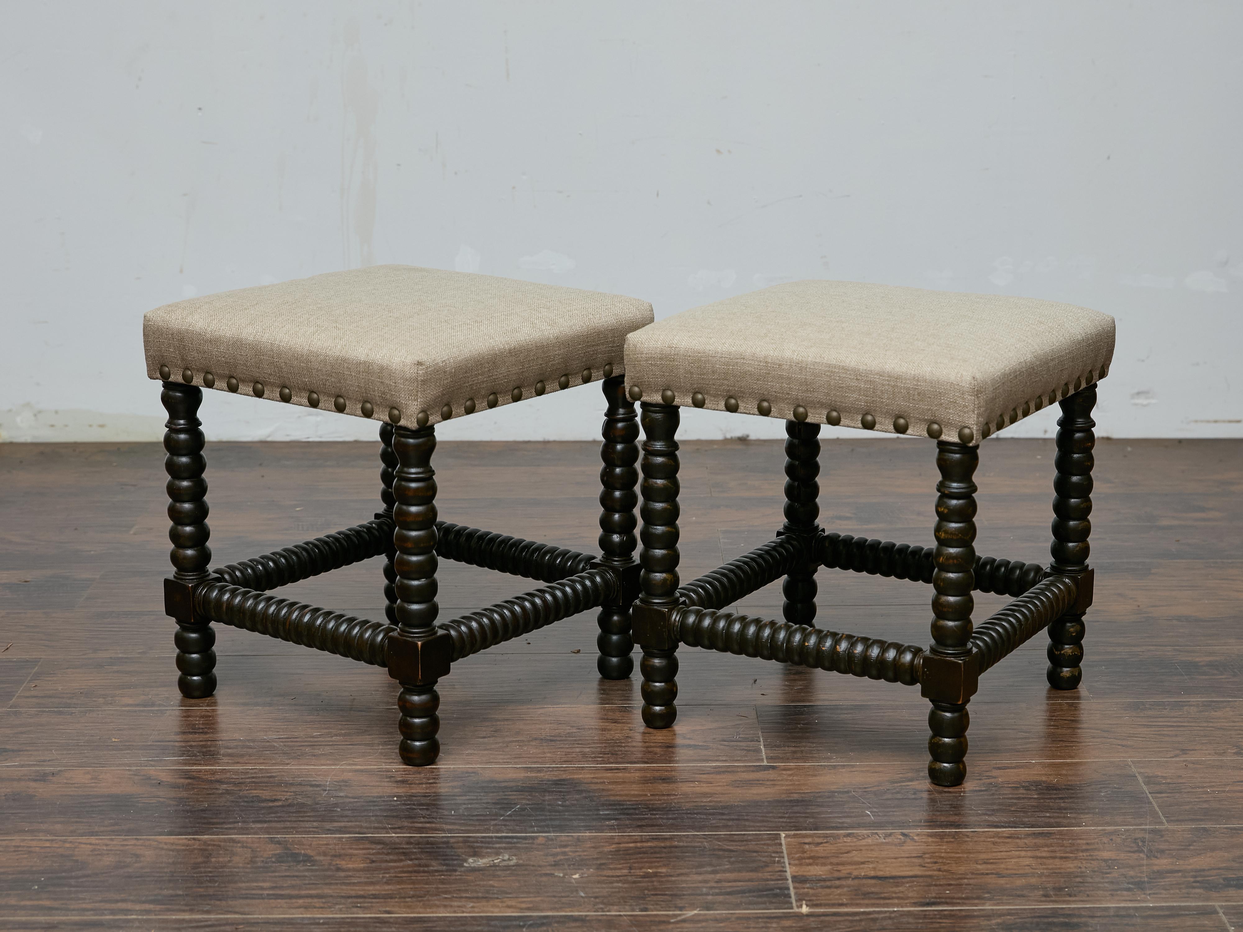Pair of English 19th Century Ebonized Bobbin Stools with Custom Linen Upholstery For Sale 1