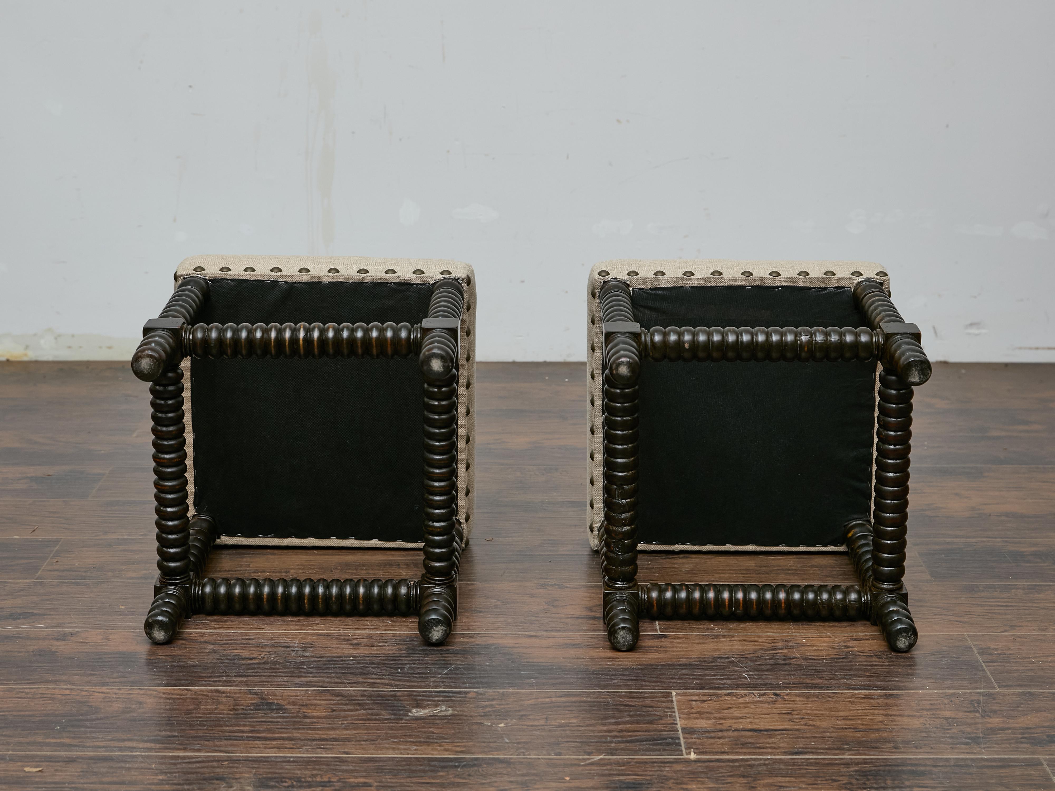 Pair of English 19th Century Ebonized Bobbin Stools with Custom Linen Upholstery For Sale 2