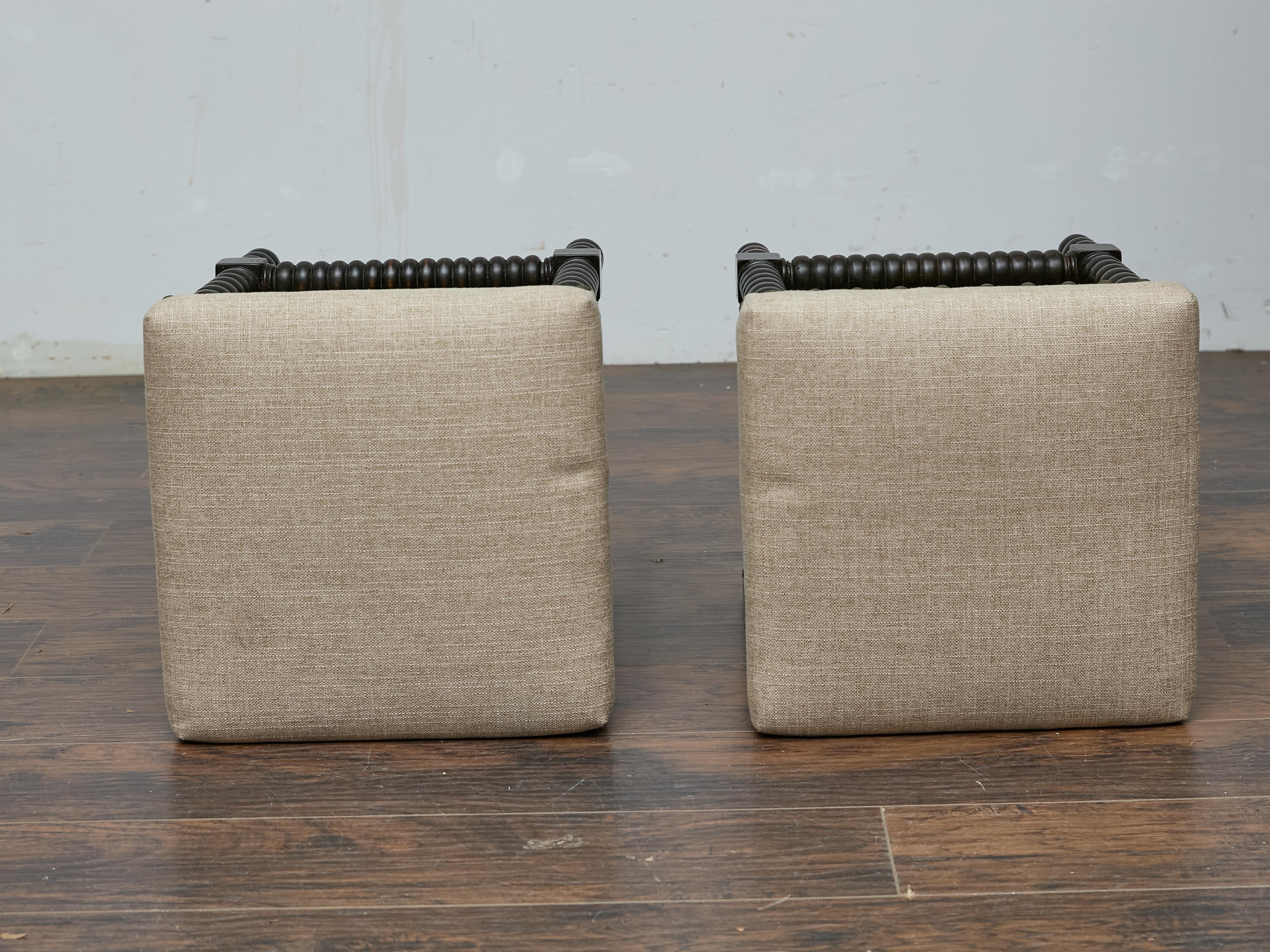Pair of English 19th Century Ebonized Bobbin Stools with Custom Linen Upholstery For Sale 3