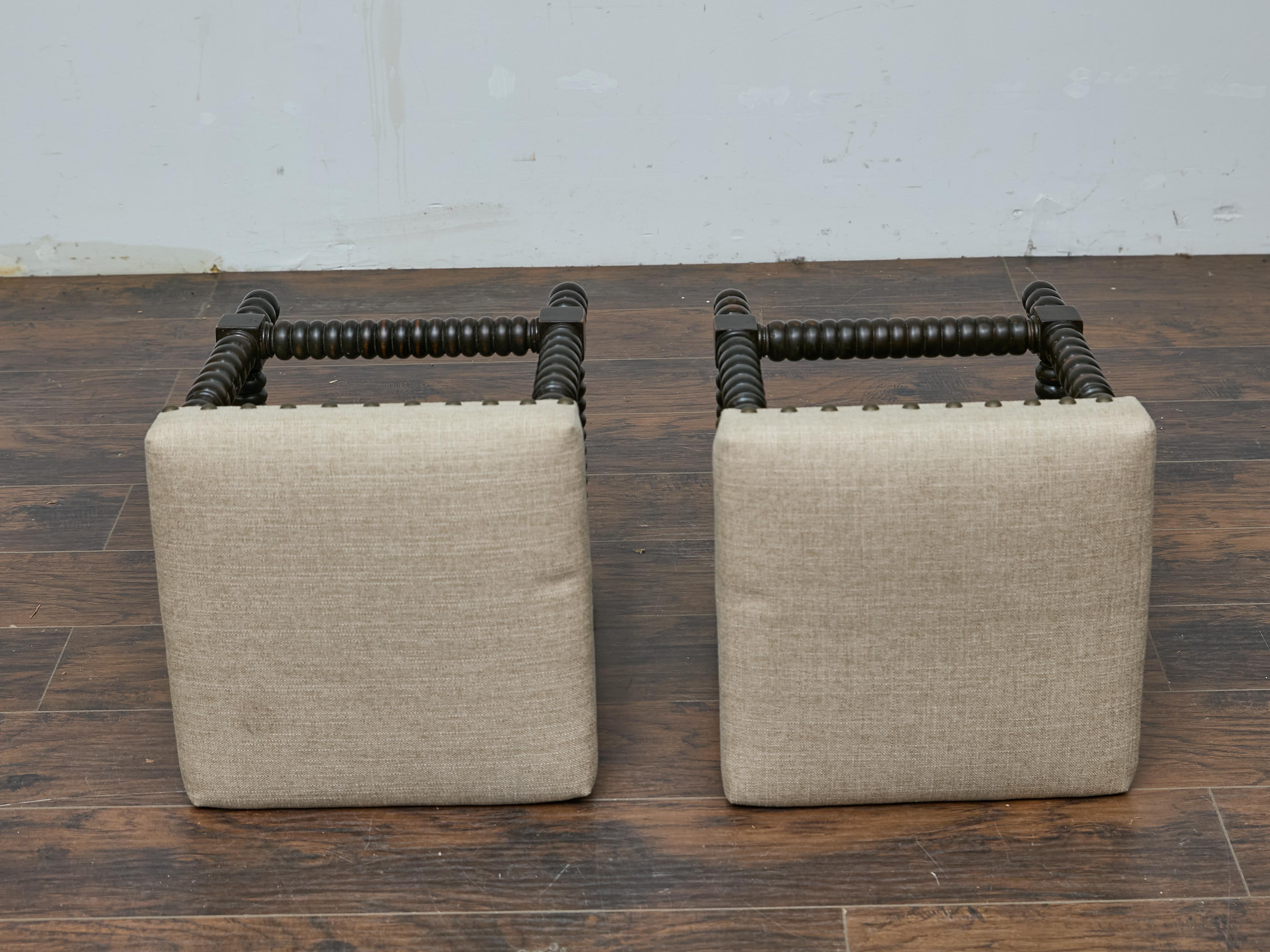 Pair of English 19th Century Ebonized Bobbin Stools with Custom Linen Upholstery For Sale 4