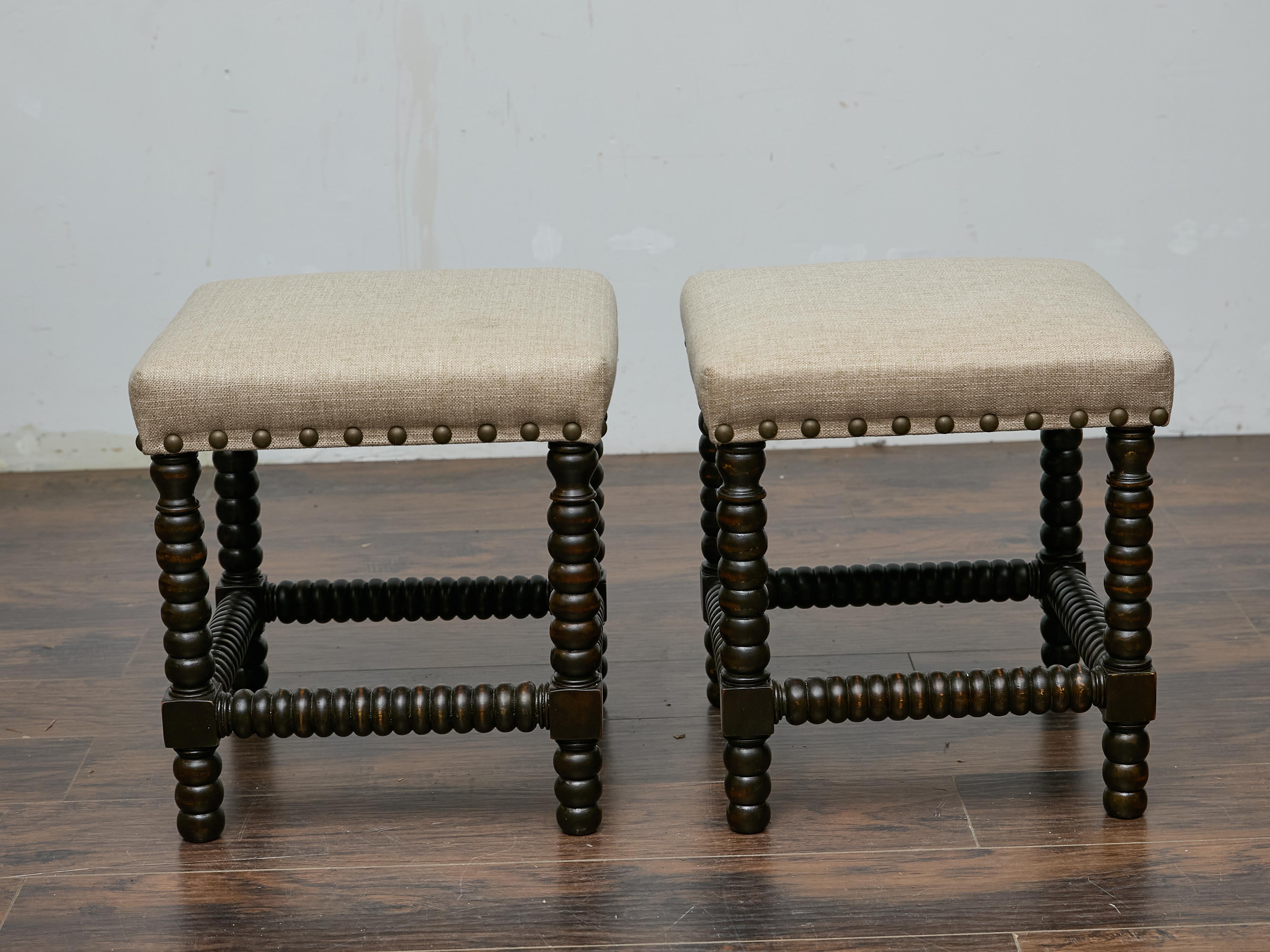 Pair of English 19th Century Ebonized Bobbin Stools with Custom Linen Upholstery For Sale 5