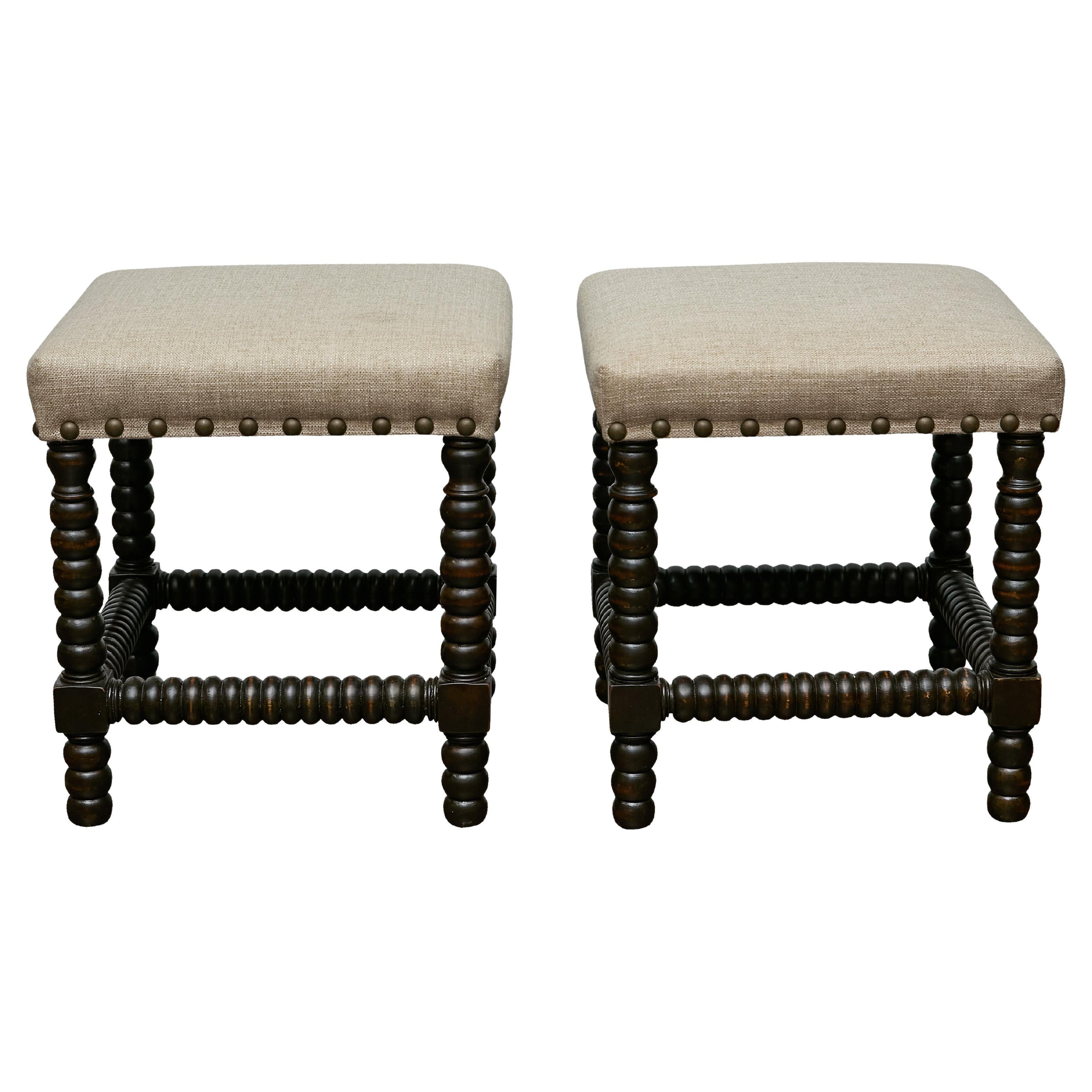 Pair of English 19th Century Ebonized Bobbin Stools with Custom Linen Upholstery For Sale