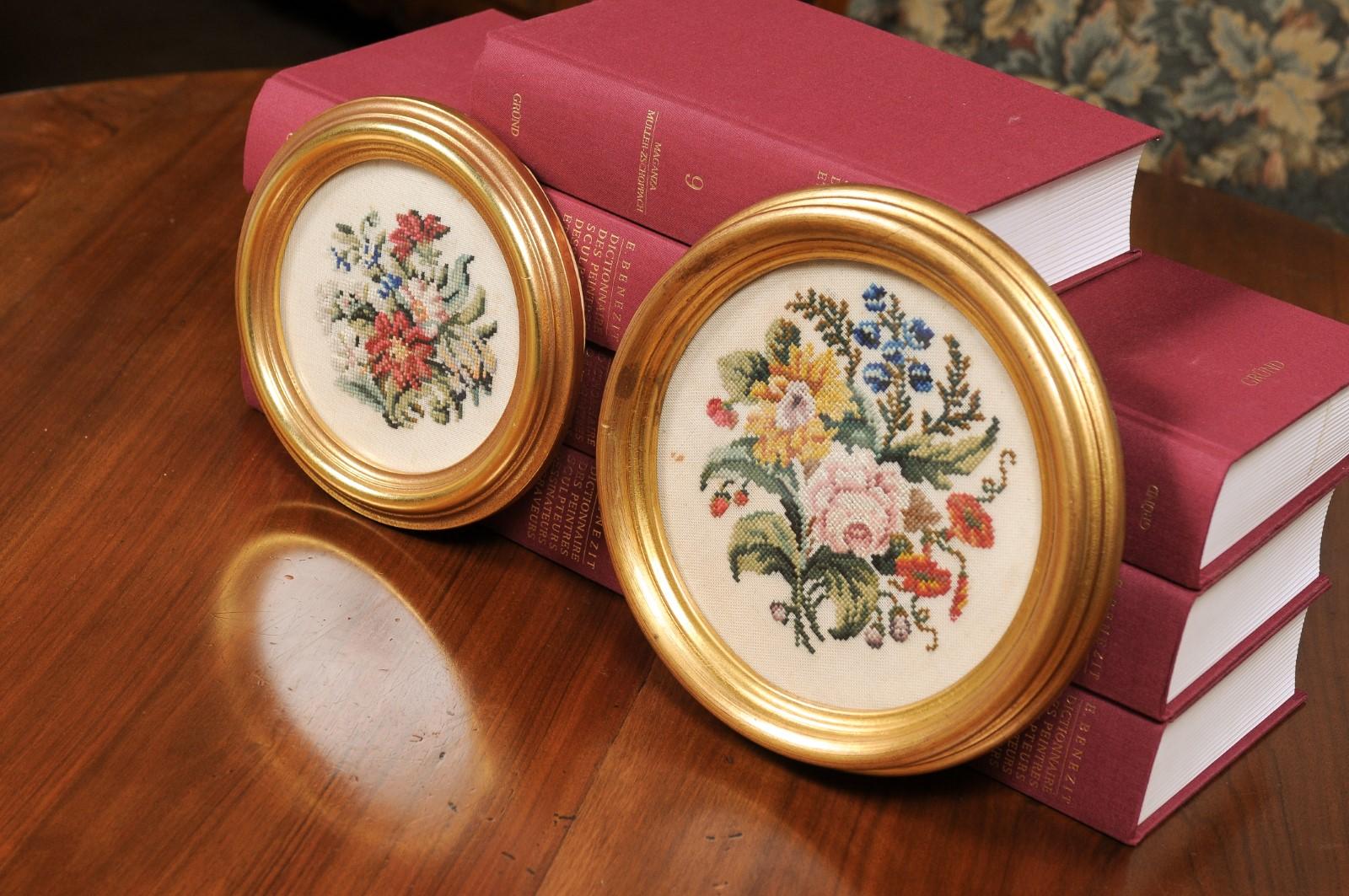 Pair of English 19th Century Framed Needlepoint Tapestry Floral Wall Hangings 3