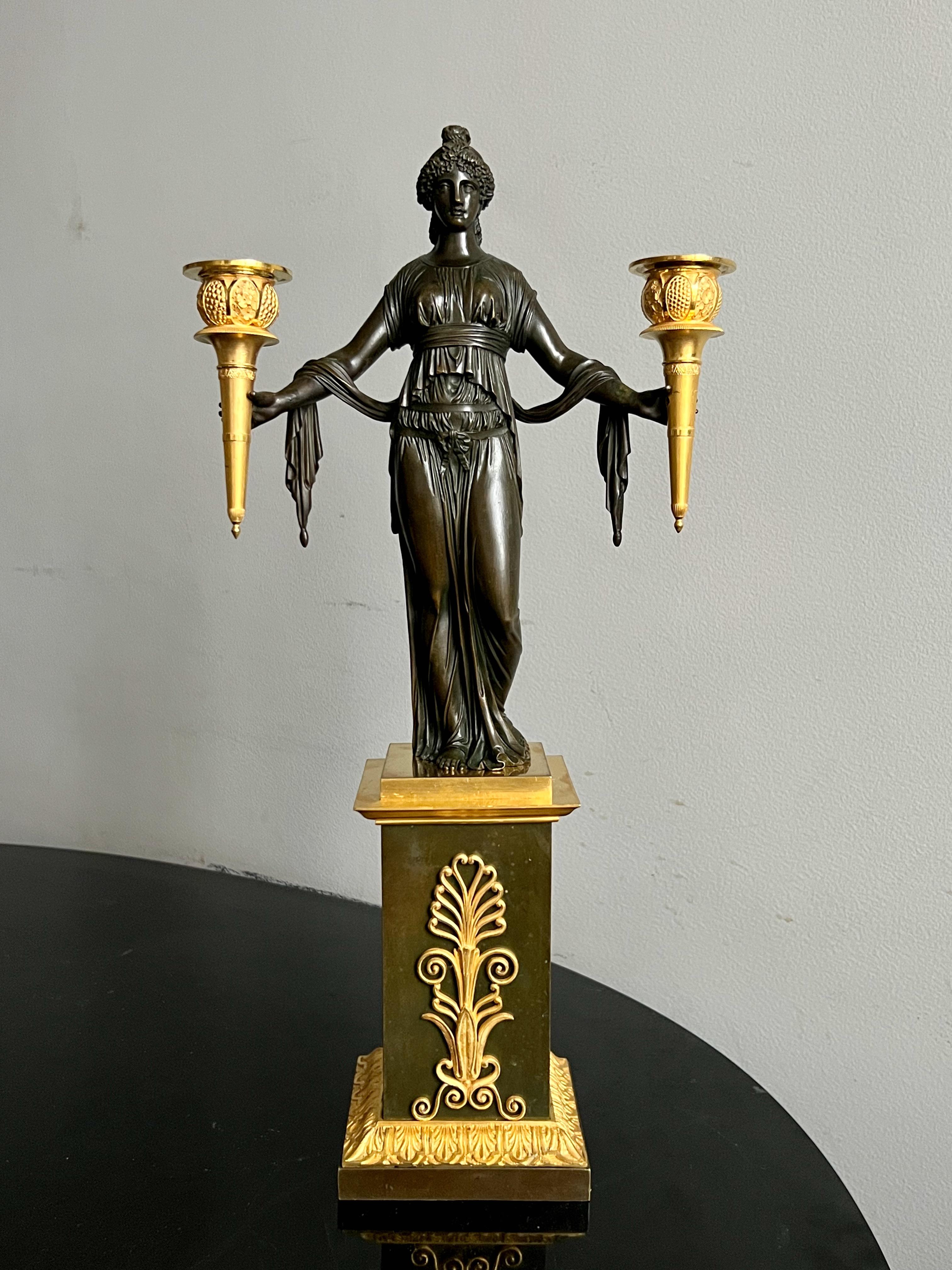 Pair of English 19th Century Gilt and Patinated Bronze Empire Candelabra In Good Condition In Stockholm, SE