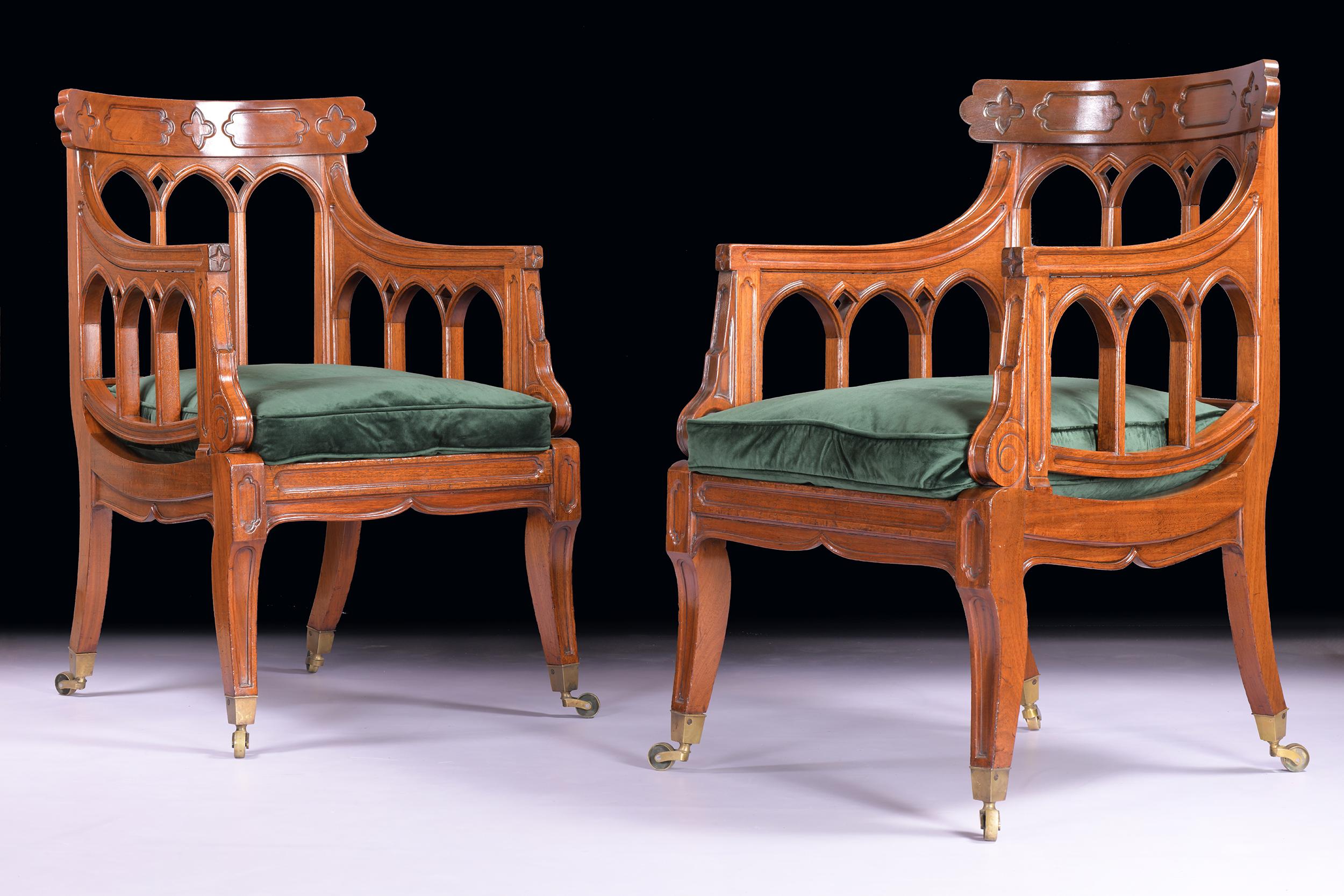 Pair of English 19th Century Gothic Revival Library Armchairs 3