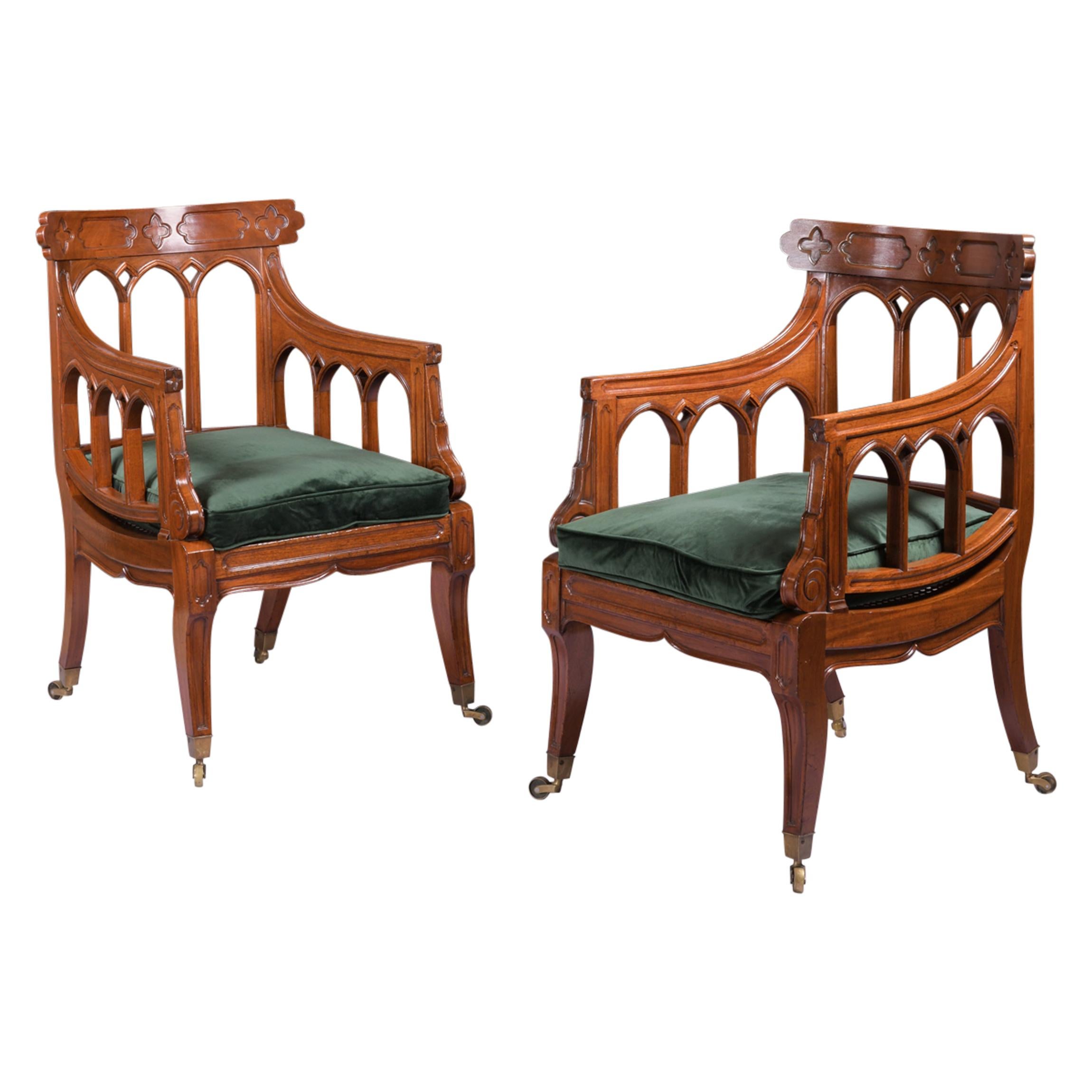 Pair of English 19th Century Gothic Revival Library Armchairs