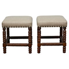 Pair of English 19th Century Hardwood Bobbin Stools with Linen Upholstery