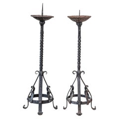 Pair of English 19th Century Iron Candlesticks with Twisted and Scrolled Motifs