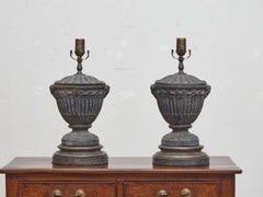Pair of English 19th Century Lead Urn Table Lamps with Classical Motifs, Wired