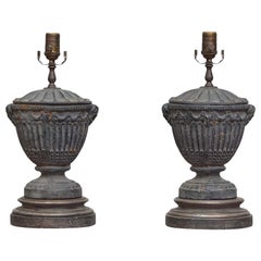 Pair of English 19th Century Lead Urn Table Lamps with Classical Motifs, Wired