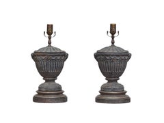 Pair of English 19th Century Lead Urn Table Lamps with Classical Motifs, Wired