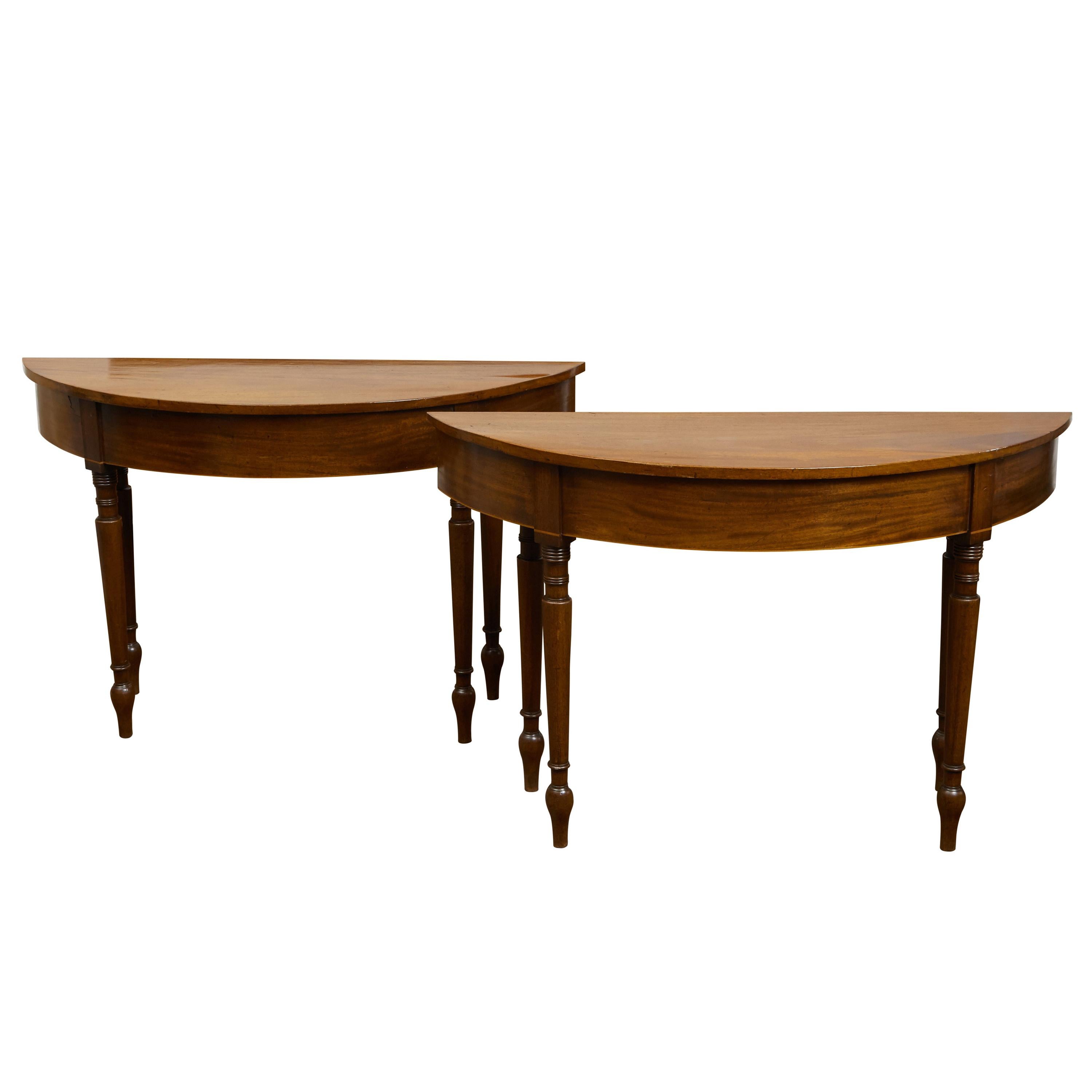 Pair of English 19th Century Mahogany Demilune Console Tables with Turned Legs
