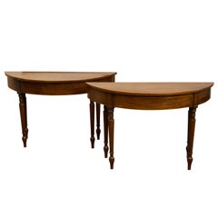 Pair of English 19th Century Mahogany Demilune Console Tables with Turned Legs