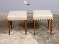 Pair of English 19th Century Mahogany Stools with Linen Upholstery