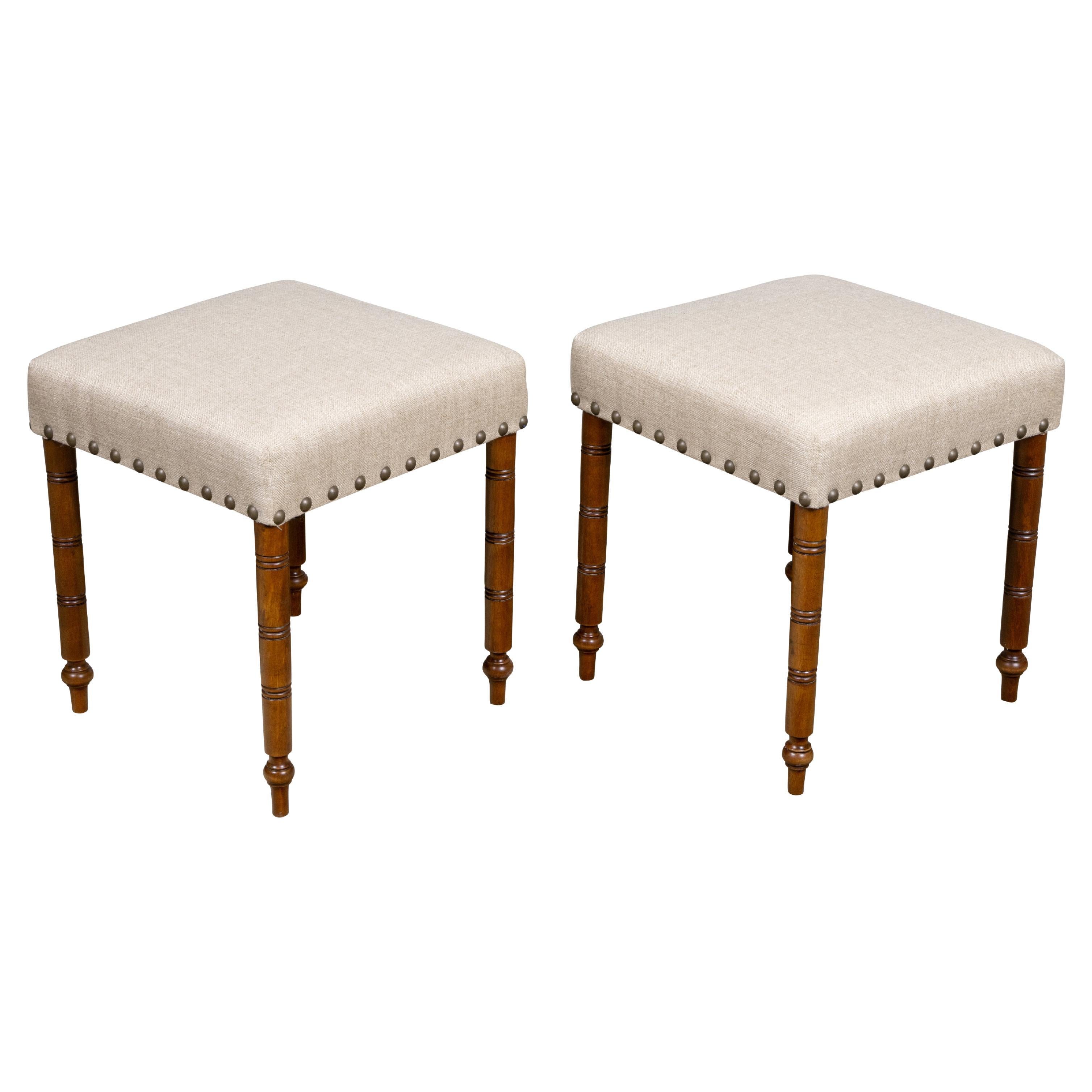 Pair of English 19th Century Mahogany Stools with Linen Upholstery For Sale