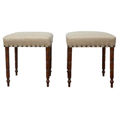 Pair of English 19th Century Mahogany Stools with Upholstery and Nailhead Trim