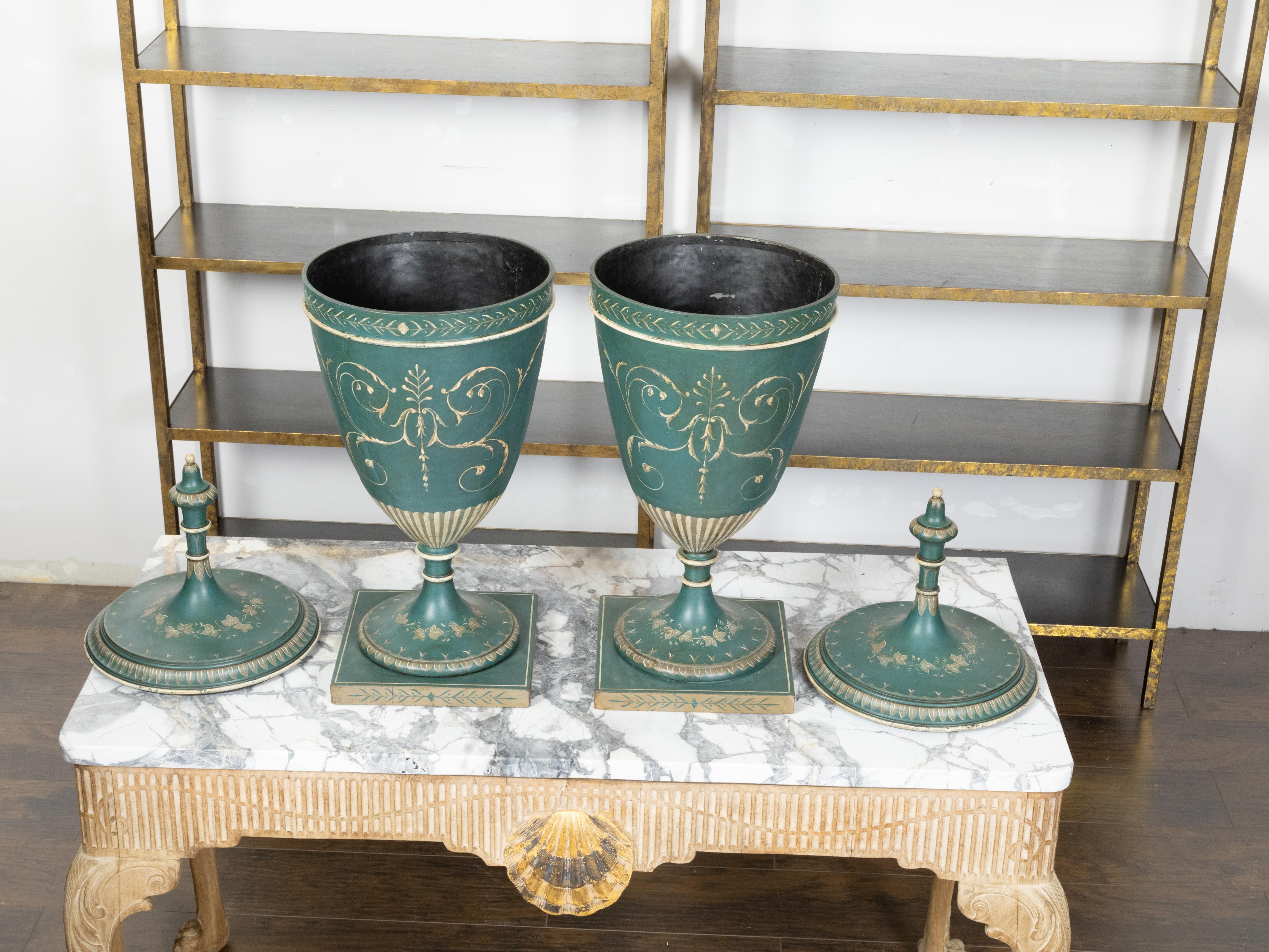 Pair of English 19th Century Neoclassical Style Green Painted Lidded Tôle Urns For Sale 8