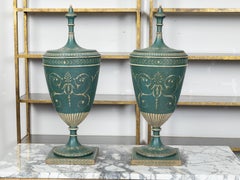 Pair of English 19th Century Neoclassical Style Green Painted Lidded Tôle Urns