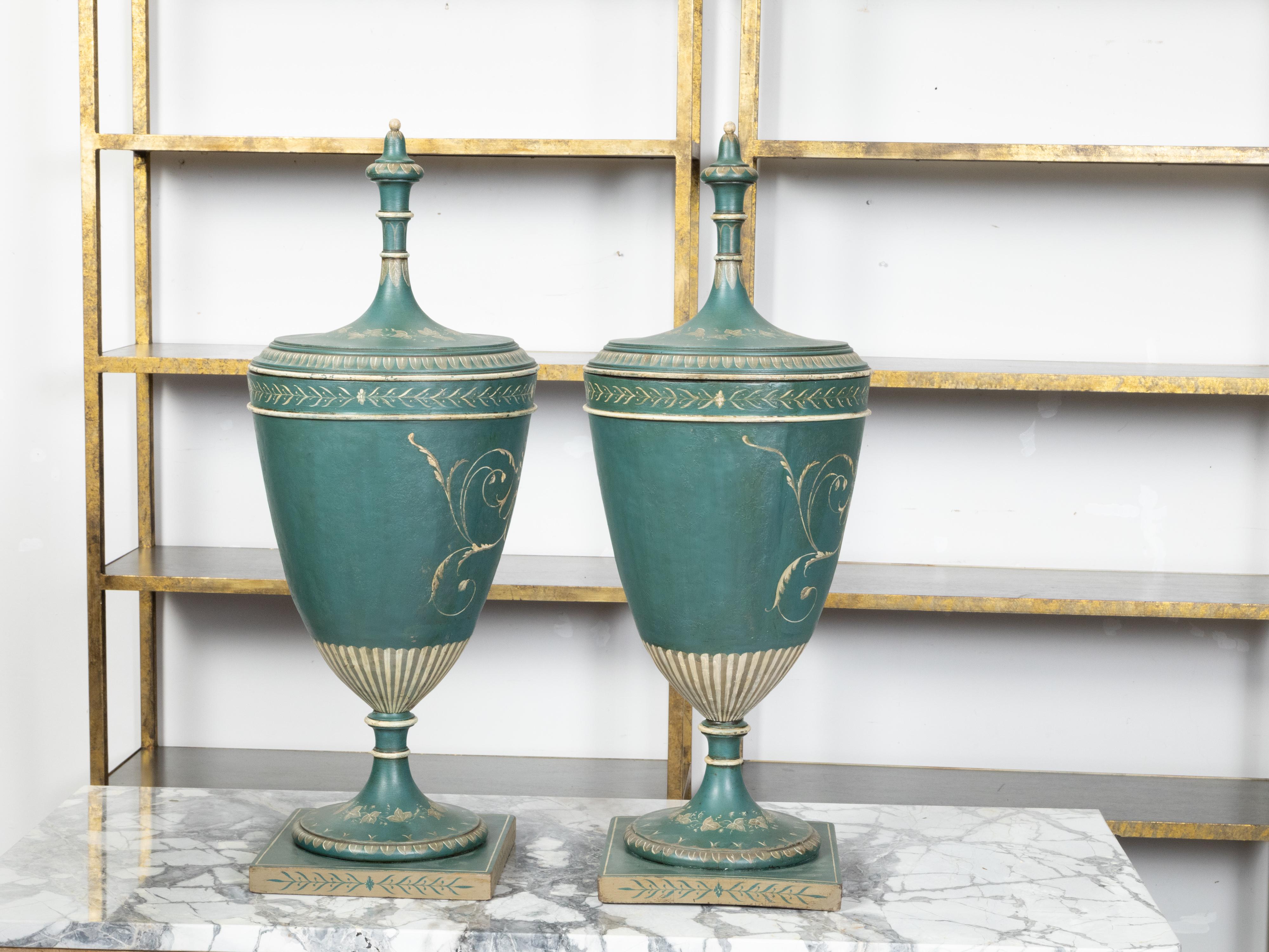 Pair of English 19th Century Neoclassical Style Green Painted Lidded Tôle Urns In Good Condition For Sale In Atlanta, GA