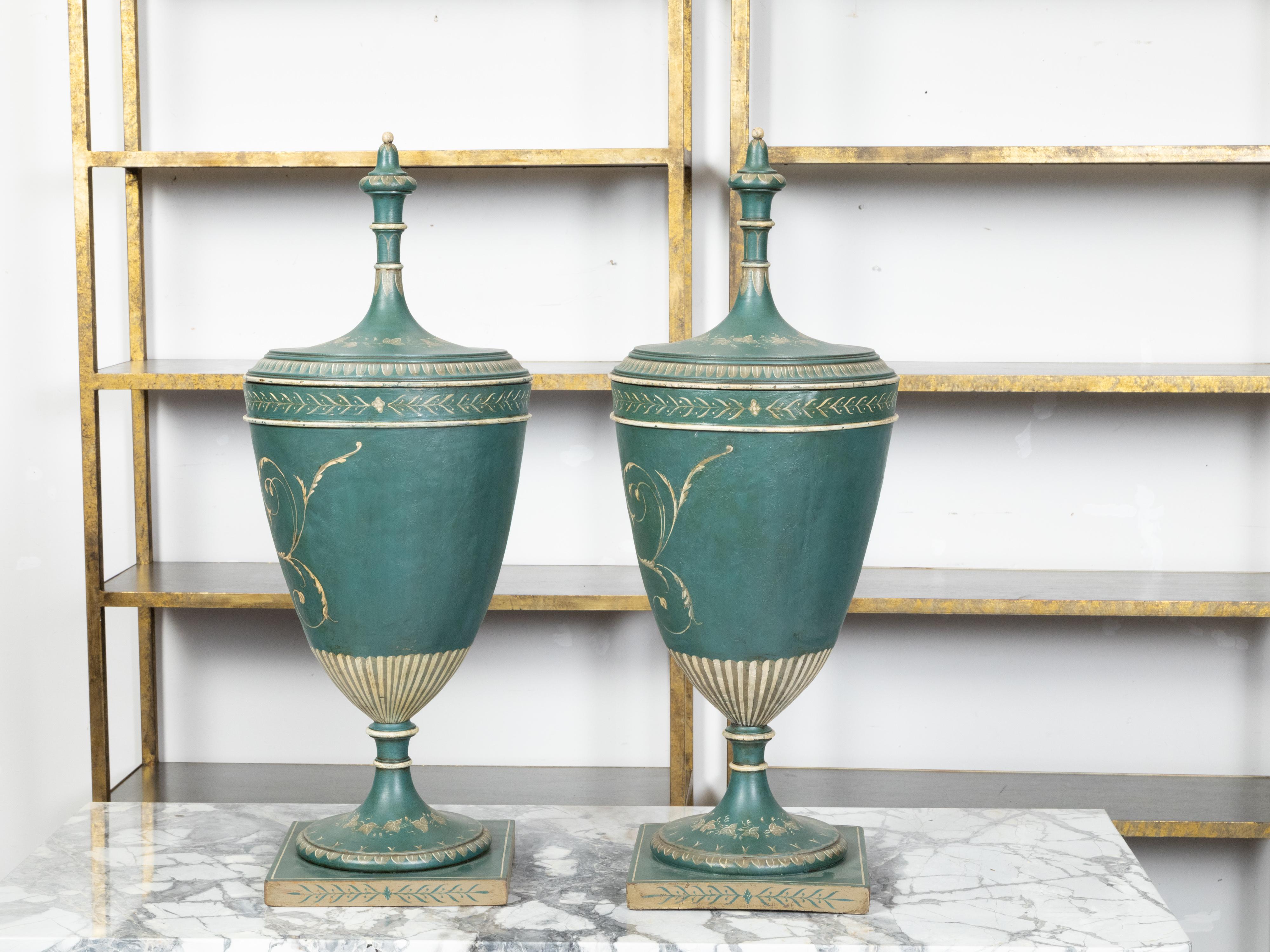 Pair of English 19th Century Neoclassical Style Green Painted Lidded Tôle Urns For Sale 1