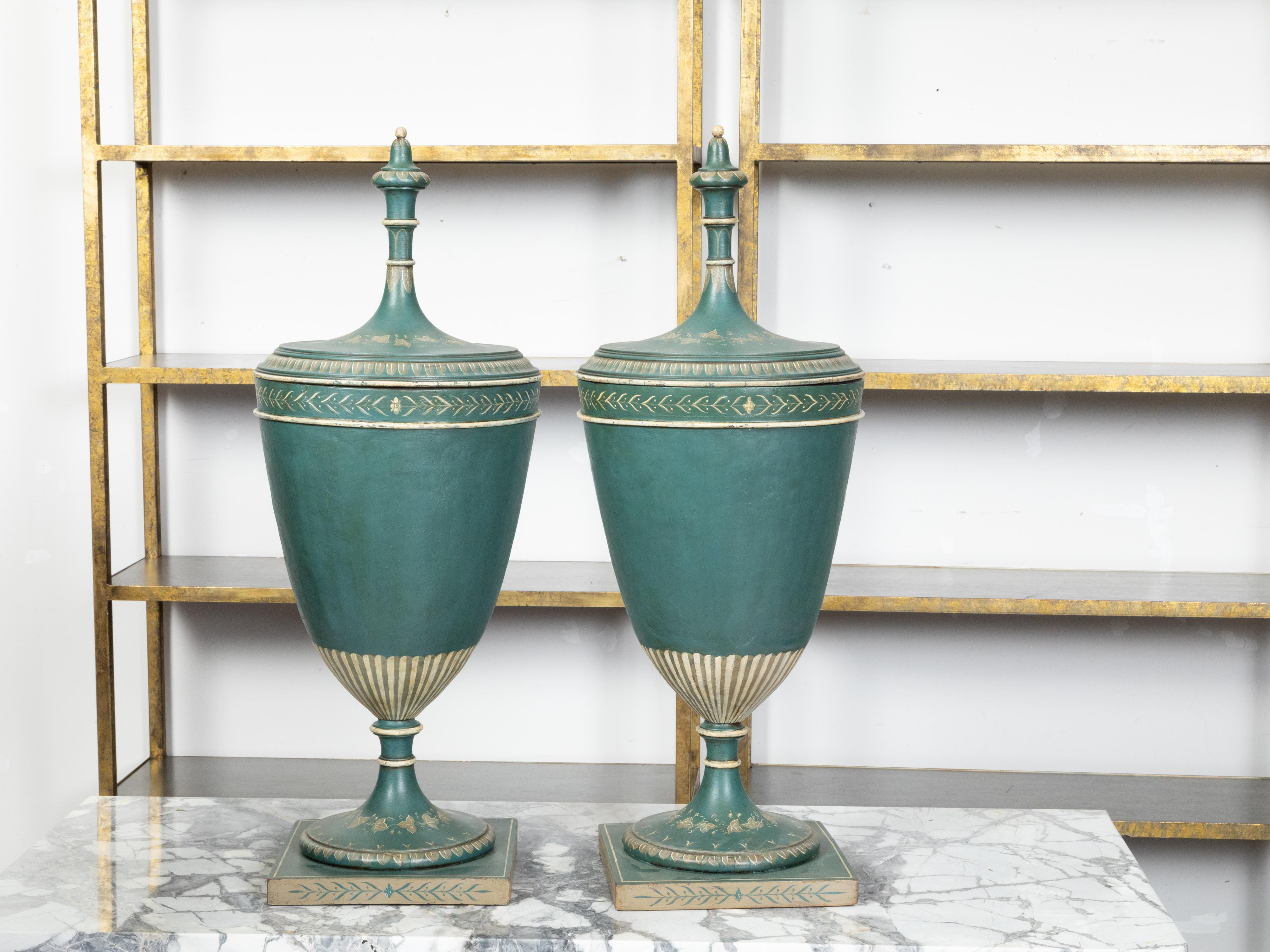 Pair of English 19th Century Neoclassical Style Green Painted Lidded Tôle Urns For Sale 2