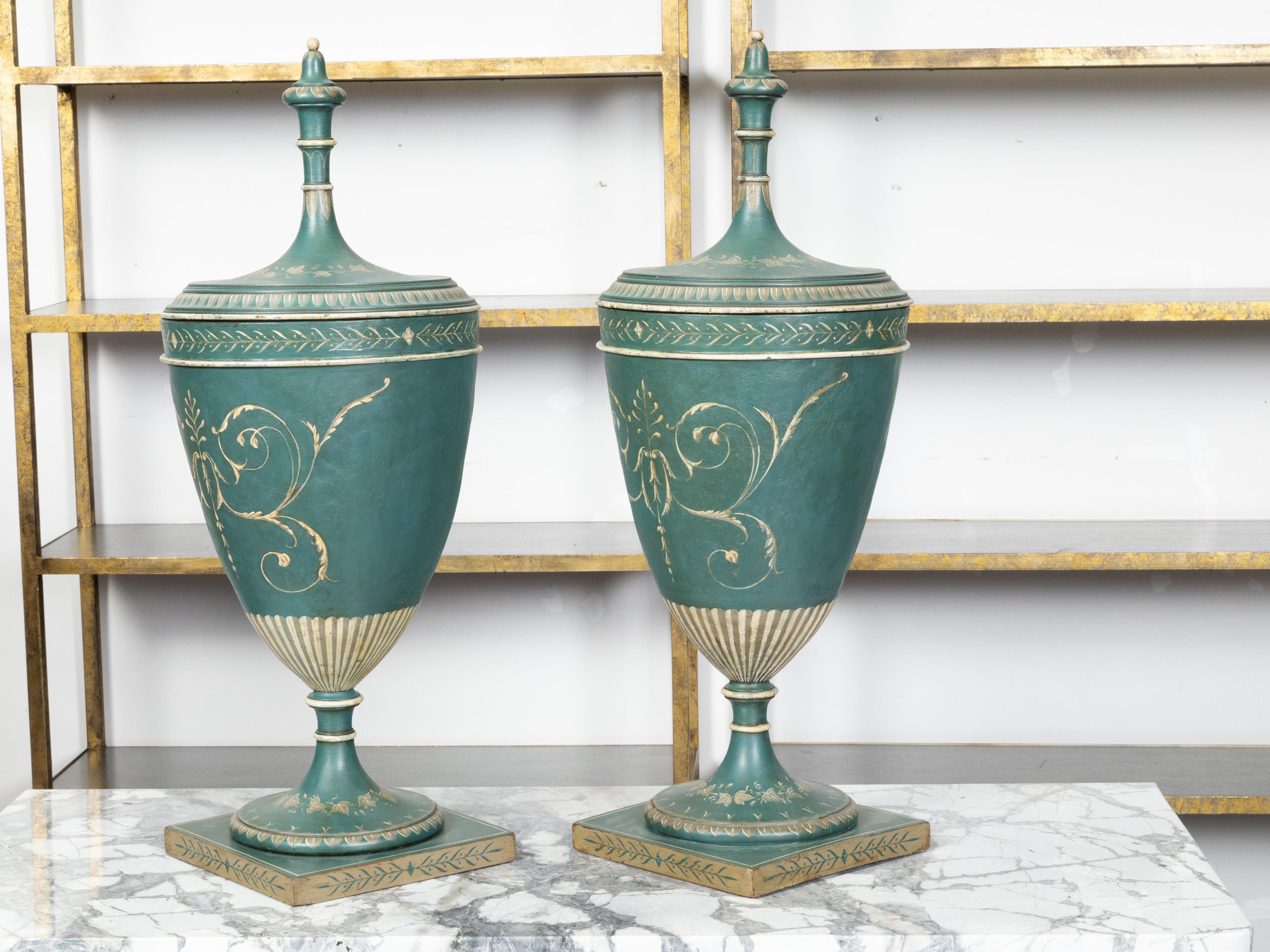 Pair of English 19th Century Neoclassical Style Green Painted Lidded Tôle Urns For Sale 3