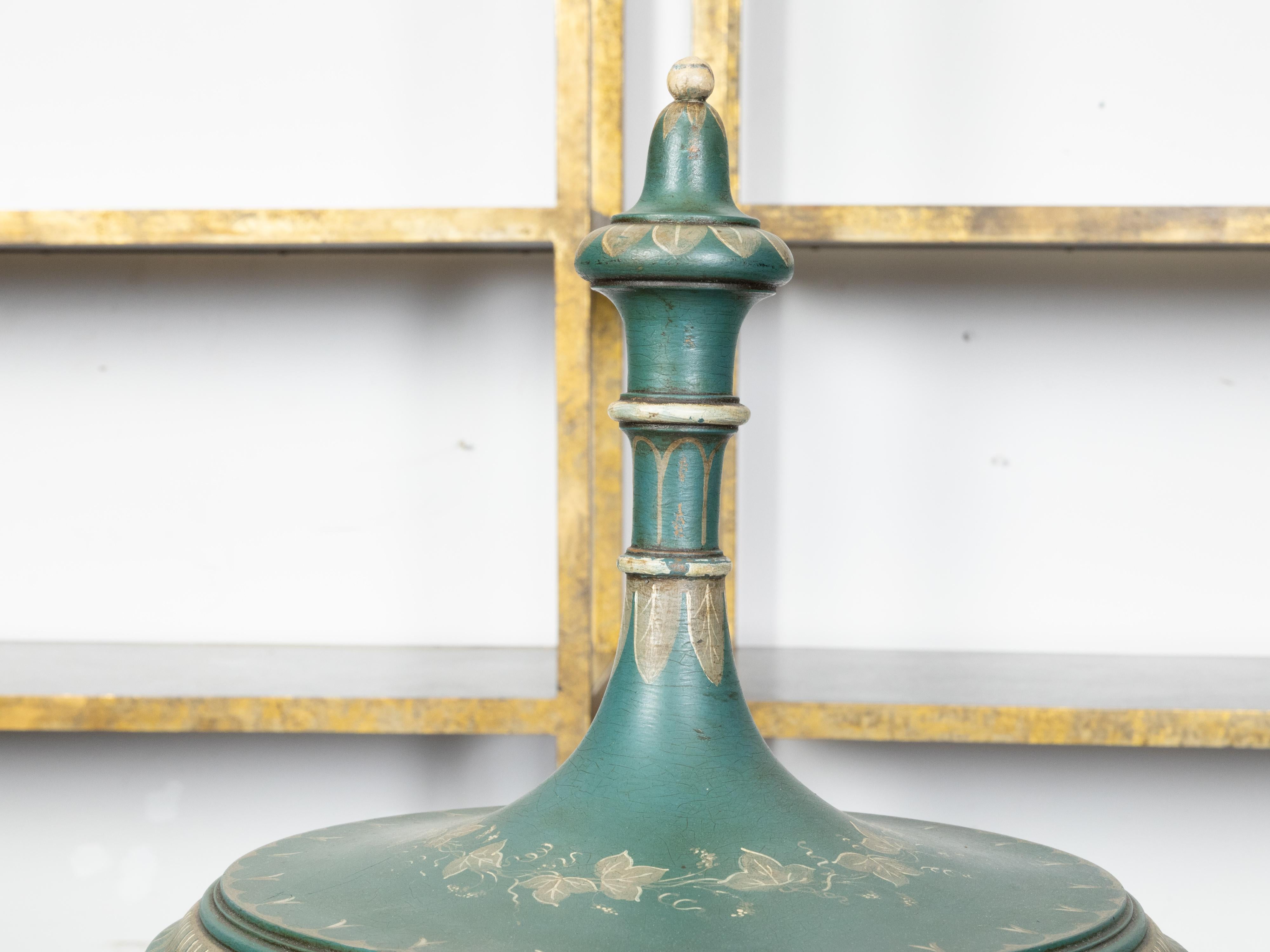 Pair of English 19th Century Neoclassical Style Green Painted Lidded Tôle Urns For Sale 4
