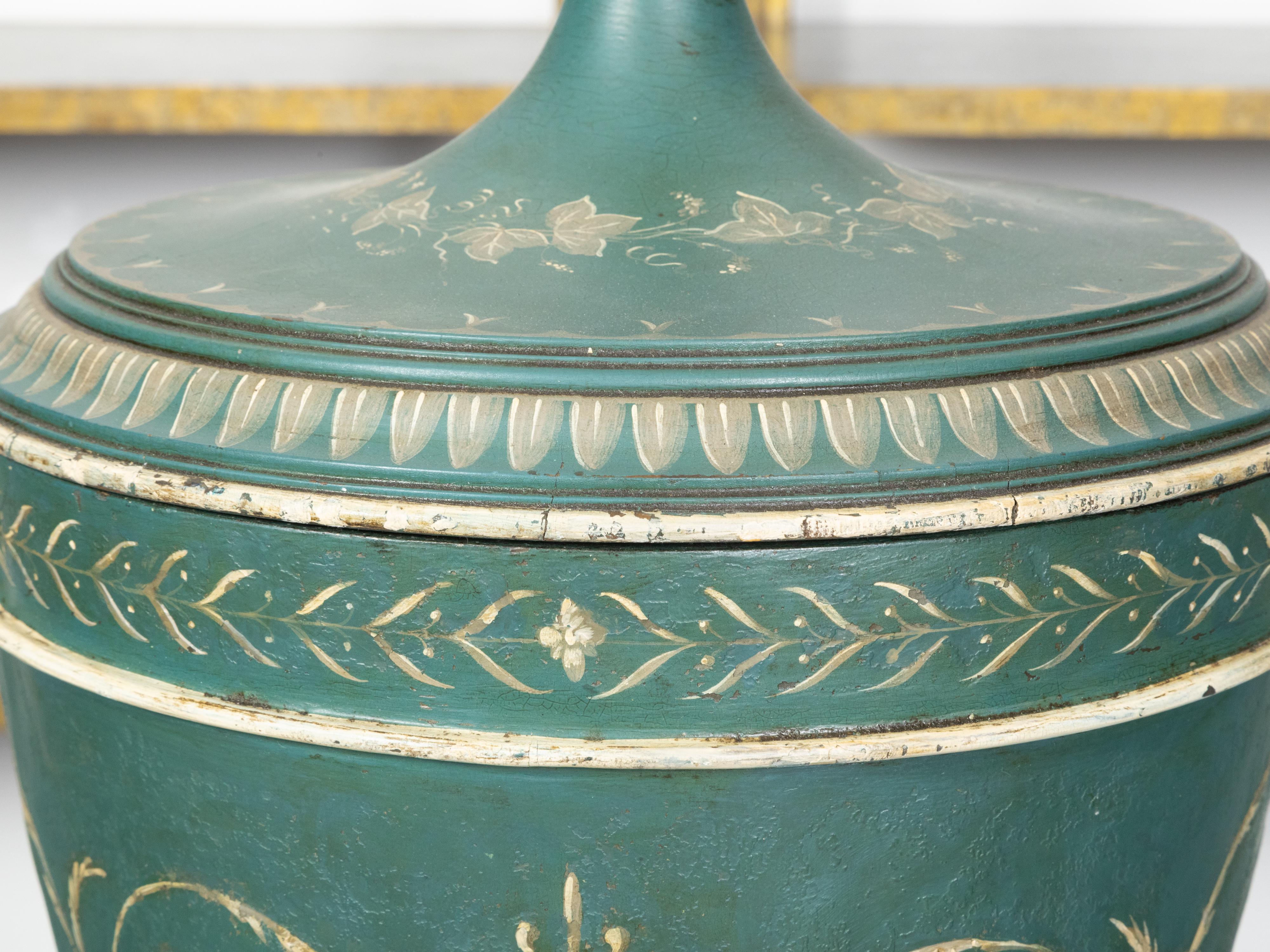 Pair of English 19th Century Neoclassical Style Green Painted Lidded Tôle Urns For Sale 5