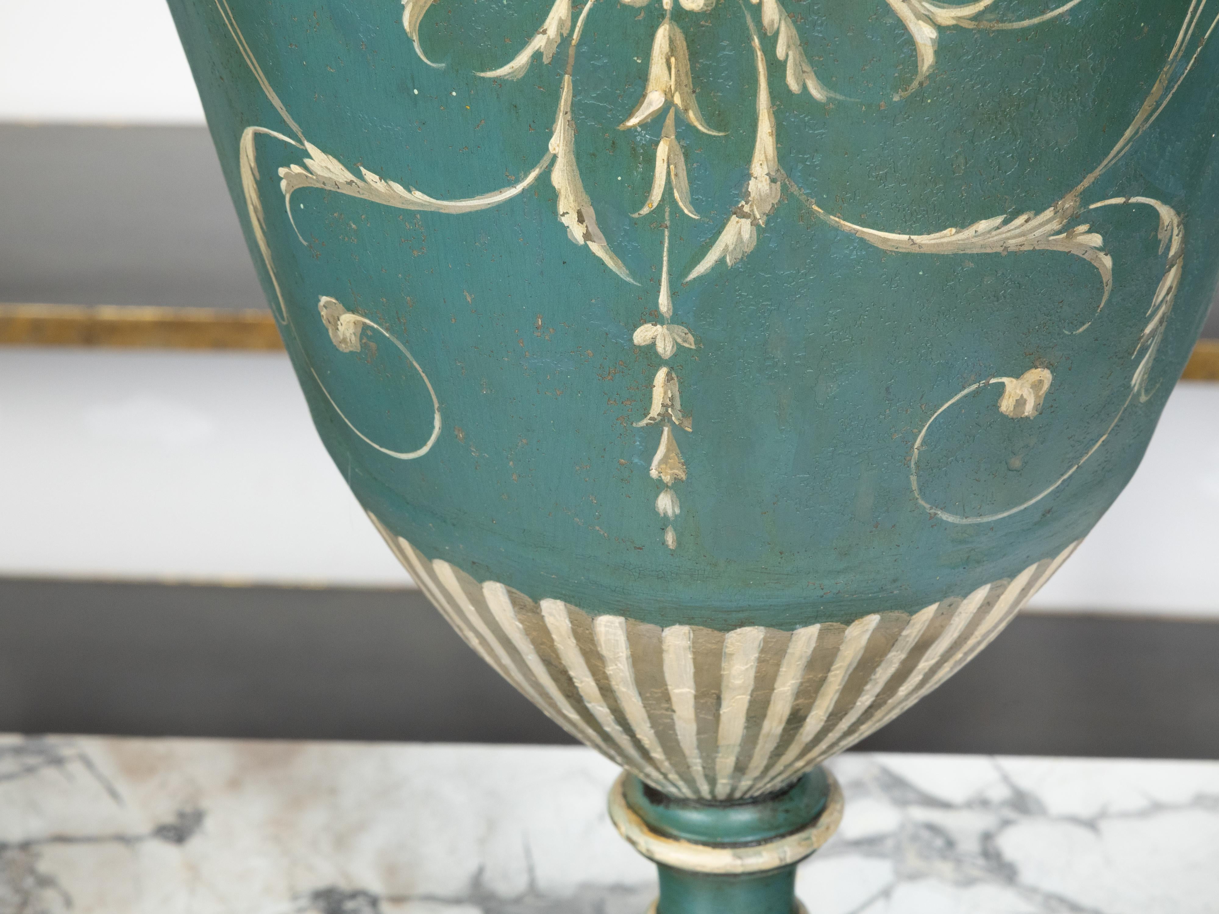 Pair of English 19th Century Neoclassical Style Green Painted Lidded Tôle Urns For Sale 6
