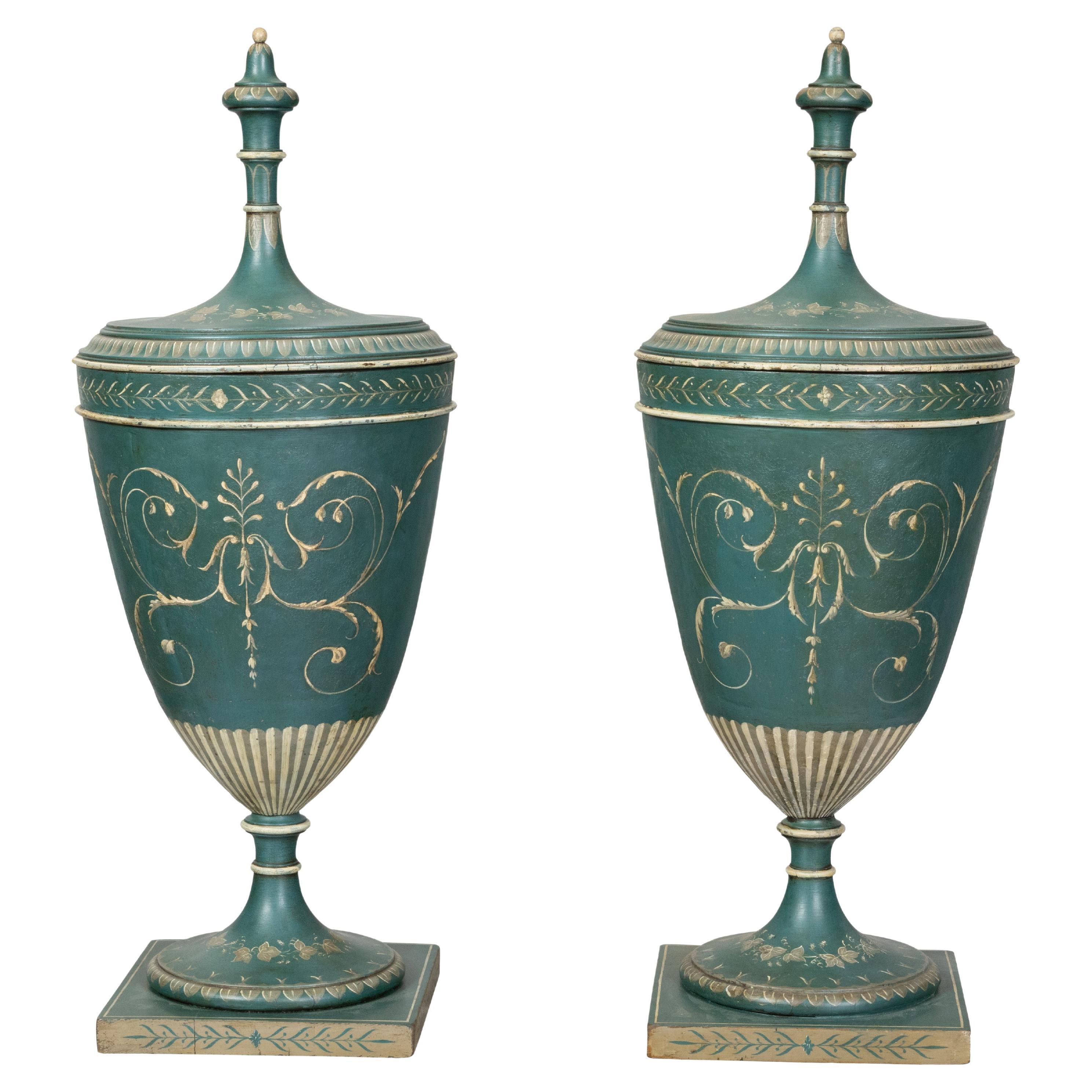 Pair of English 19th Century Neoclassical Style Green Painted Lidded Tôle Urns