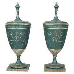 Pair of English 19th Century Neoclassical Style Green Painted Lidded Tôle Urns