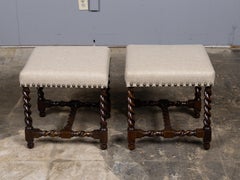Pair of English 19th Century Oak Barley-Twist Stools with Upholstery
