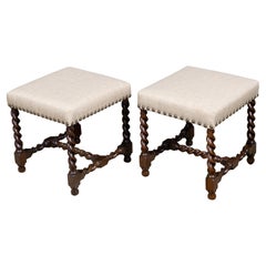 Pair of English 19th Century Oak Barley-Twist Stools with Upholstery