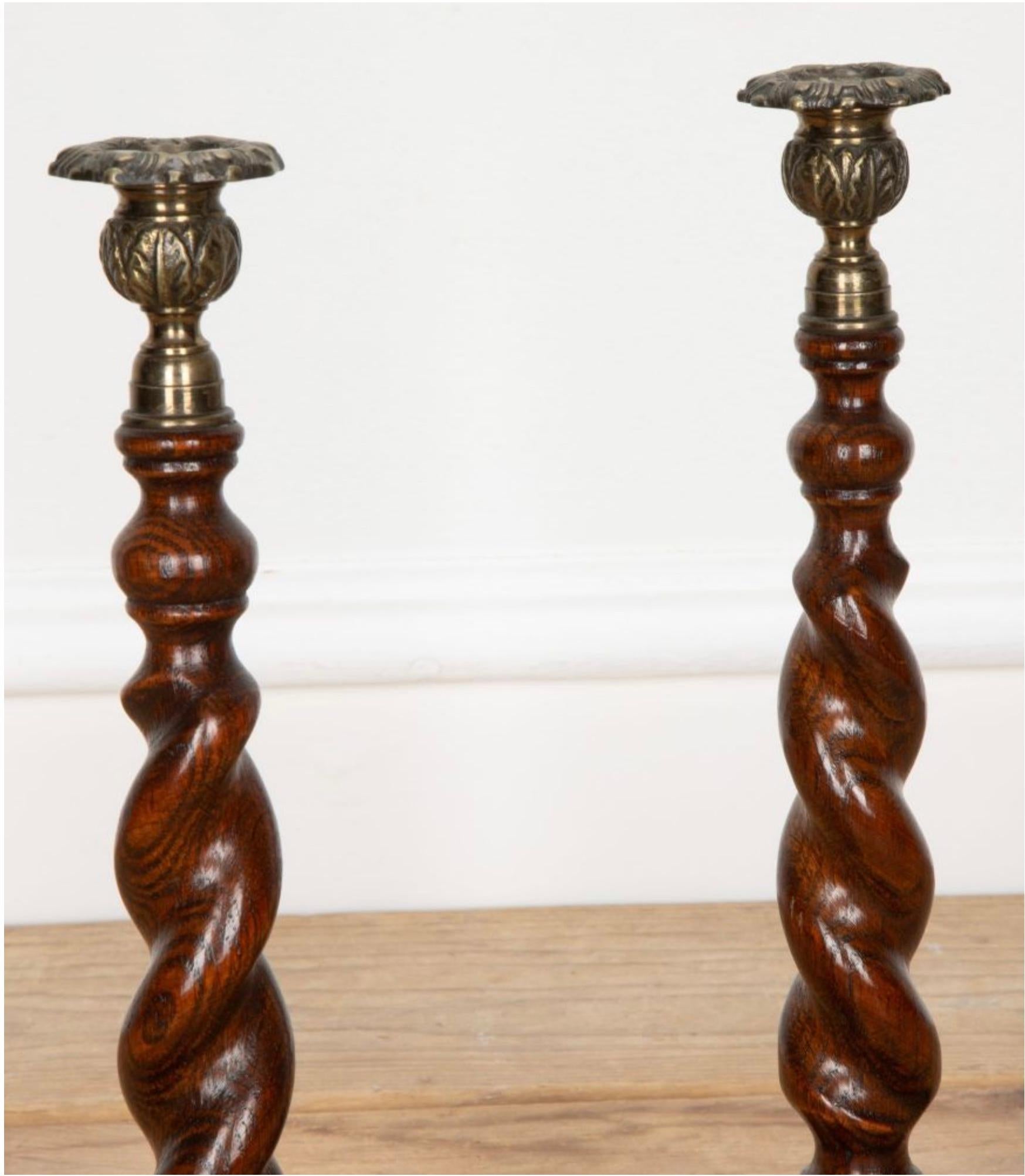 Hand-Carved Pair of English 19th Century Oak Candlesticks