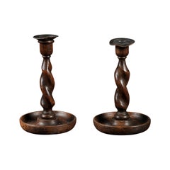 Pair of English 19th Century Oak Candlesticks with Barley Twist Accents
