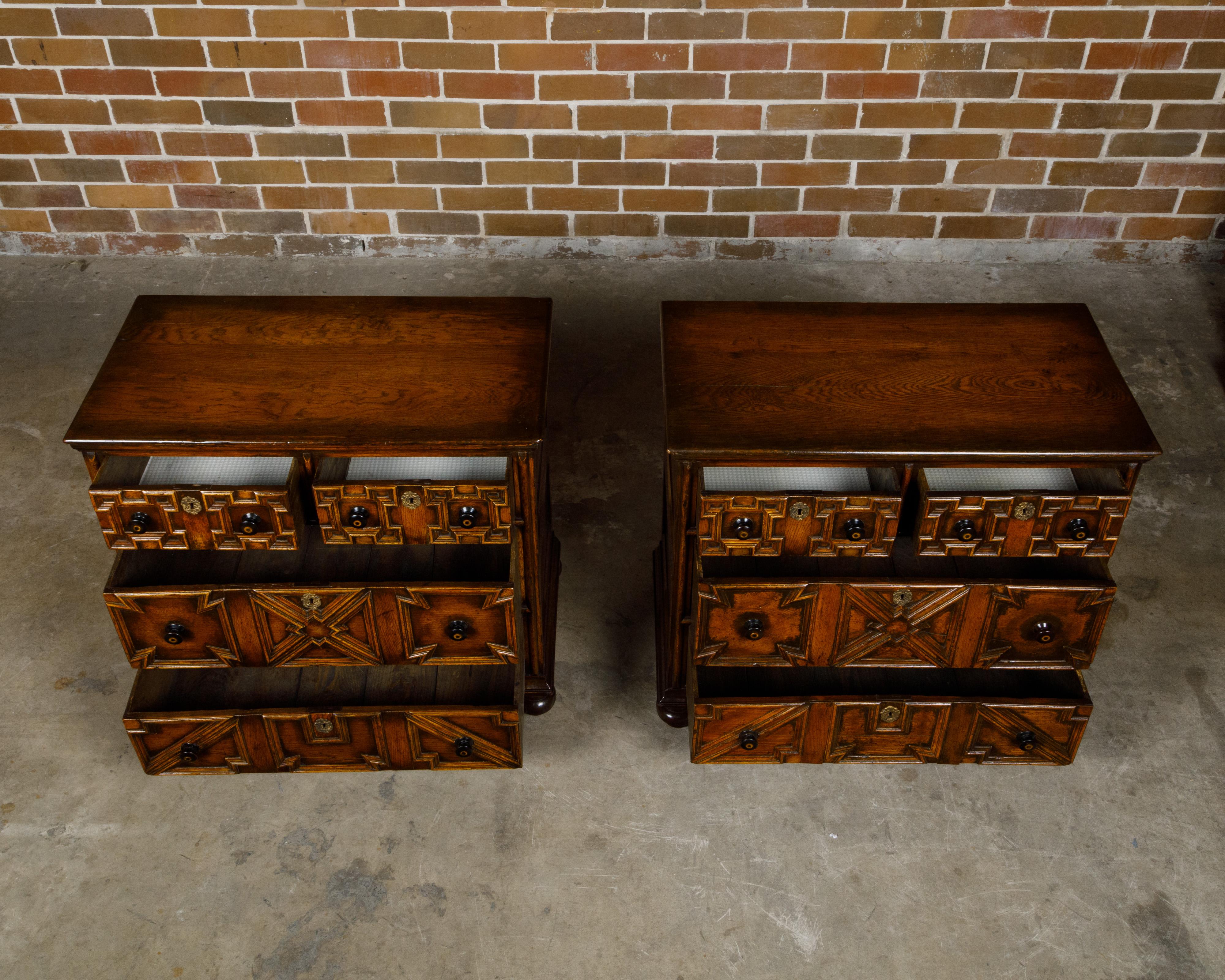 Pair of English 19th Century Oak Geometric Front Four-Drawer Carved Chests For Sale 6