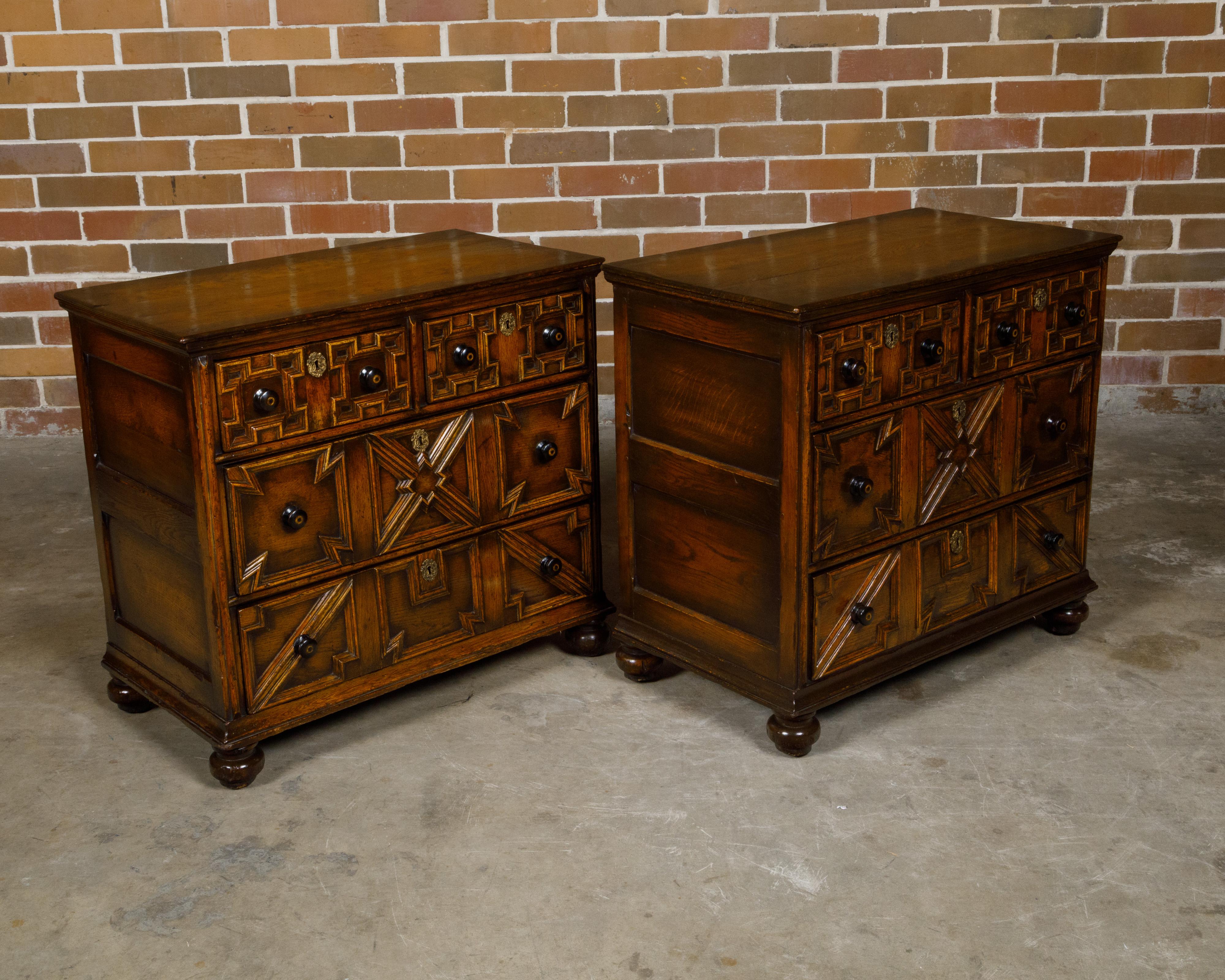 Pair of English 19th Century Oak Geometric Front Four-Drawer Carved Chests In Good Condition For Sale In Atlanta, GA