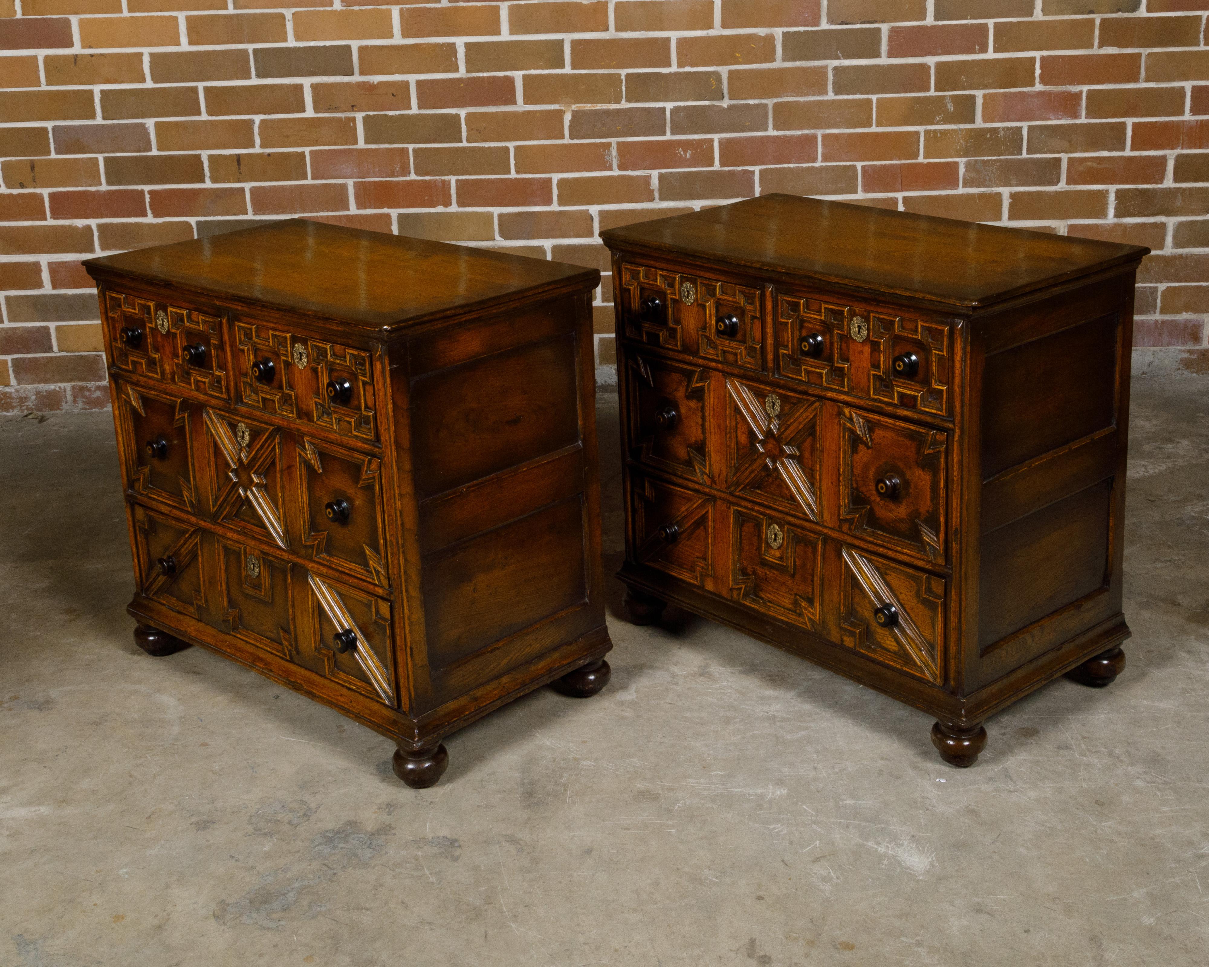 Pair of English 19th Century Oak Geometric Front Four-Drawer Carved Chests For Sale 5