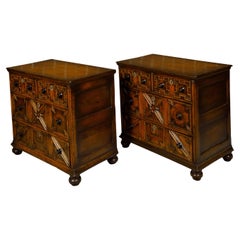 Antique Pair of English 19th Century Oak Geometric Front Four-Drawer Carved Chests