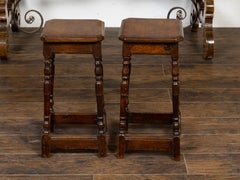 Pair of English 19th Century Oak Joint Stools with Turned Legs and Stretchers